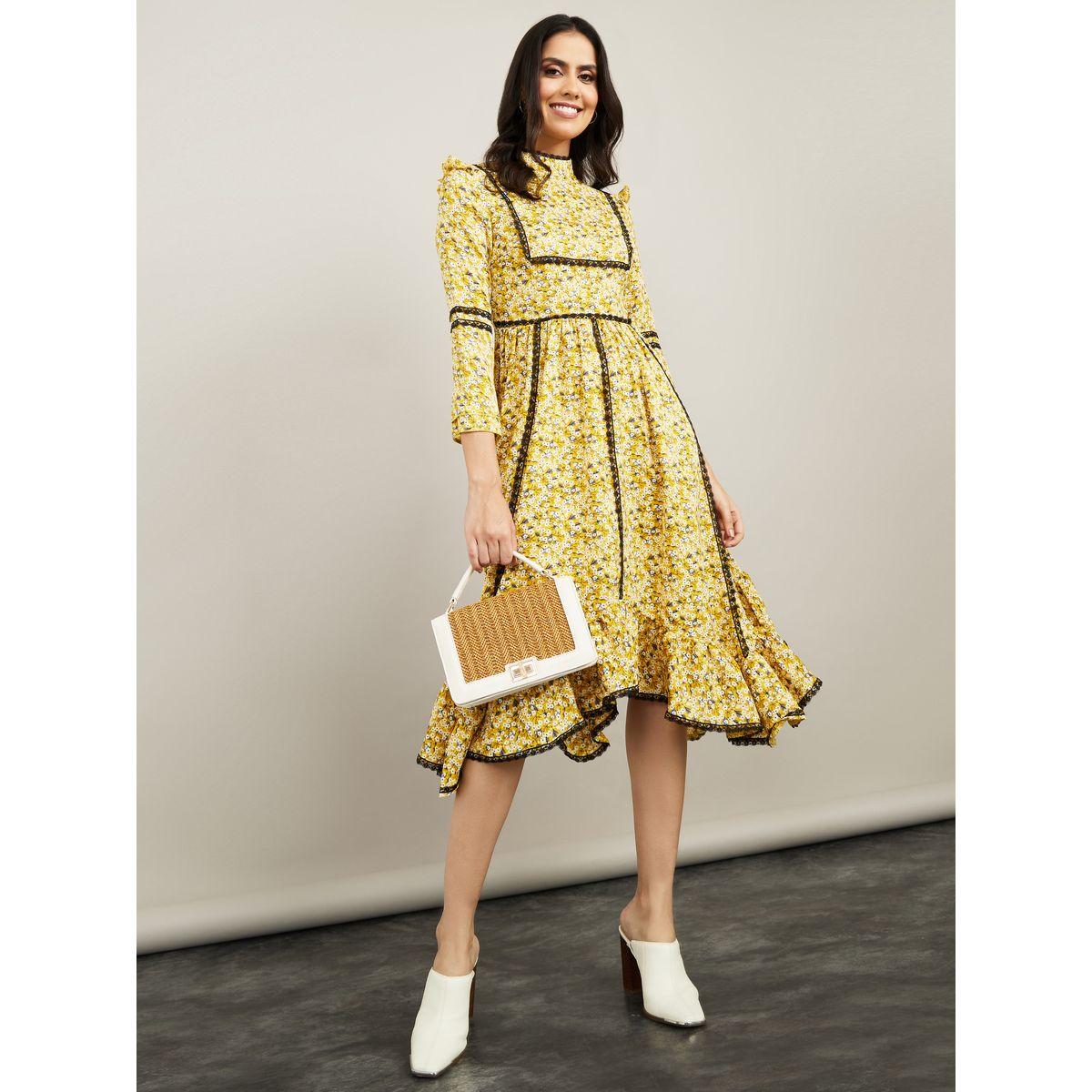 Styli 3/4 Sleeves High Neck Ditsy Print A-Line Midi Dress-women-clothing-dresses-image-2