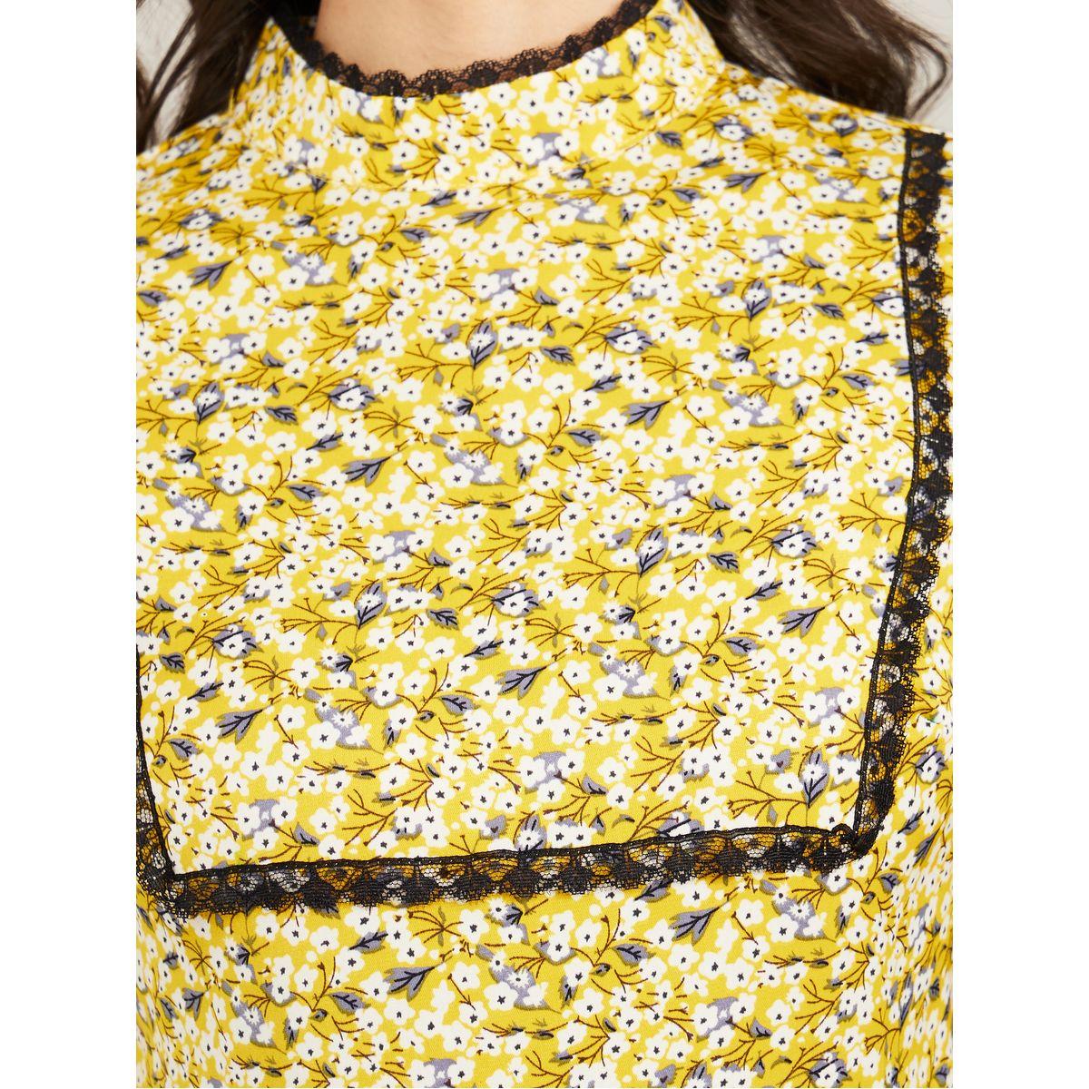 Styli 3/4 Sleeves High Neck Ditsy Print A-Line Midi Dress-women-clothing-dresses-image-3