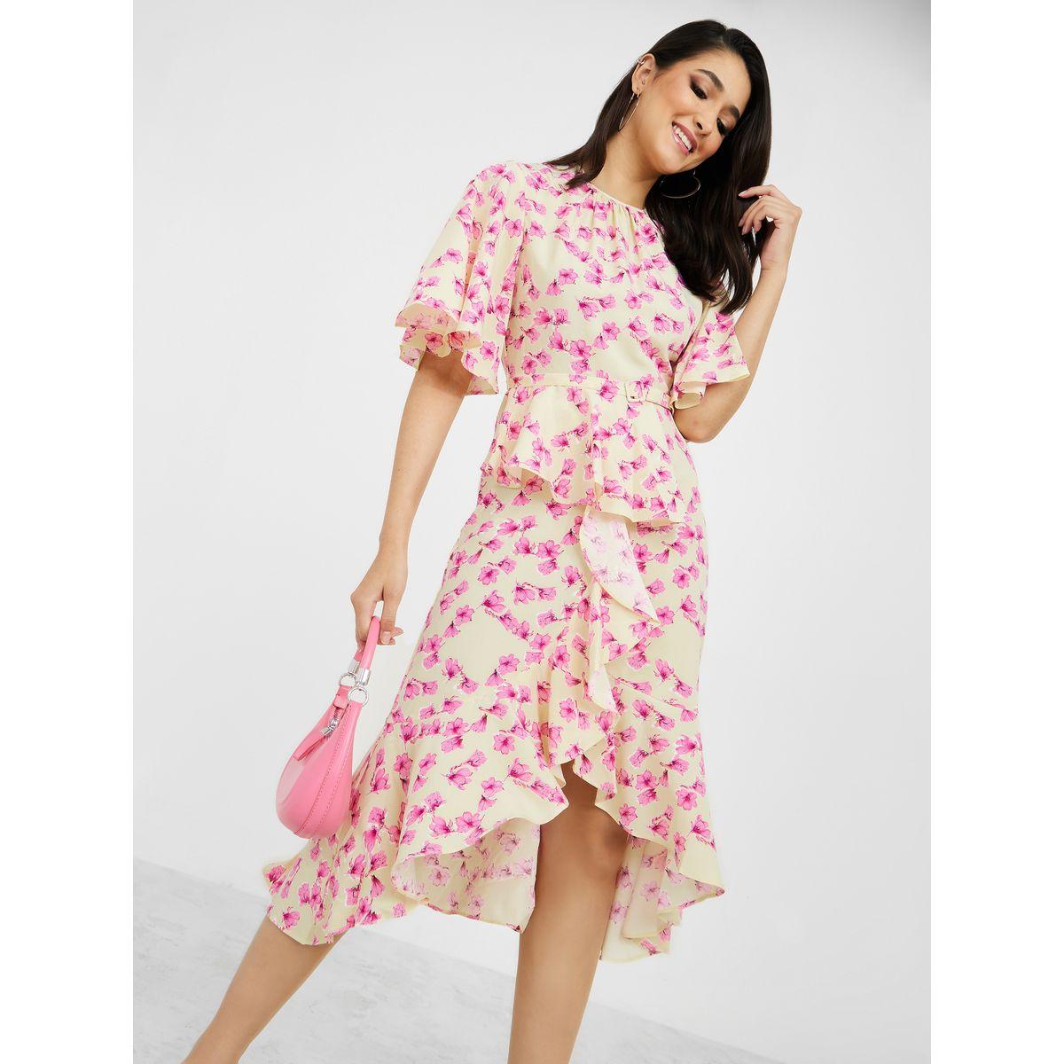 Styli Short Sleeves Round Neck Floral Print A-Line Midi Dress-women-clothing-dresses-image-1