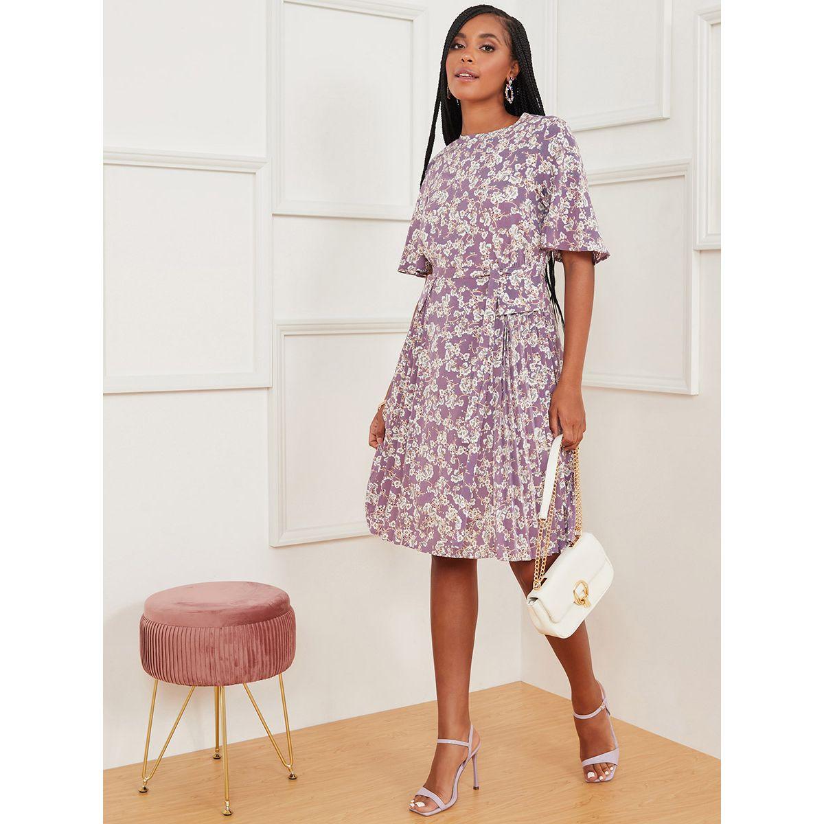 Styli Flare Sleeves Floral Print Knee Length Dress with Pleated Detail-women-clothing-dresses-image-1