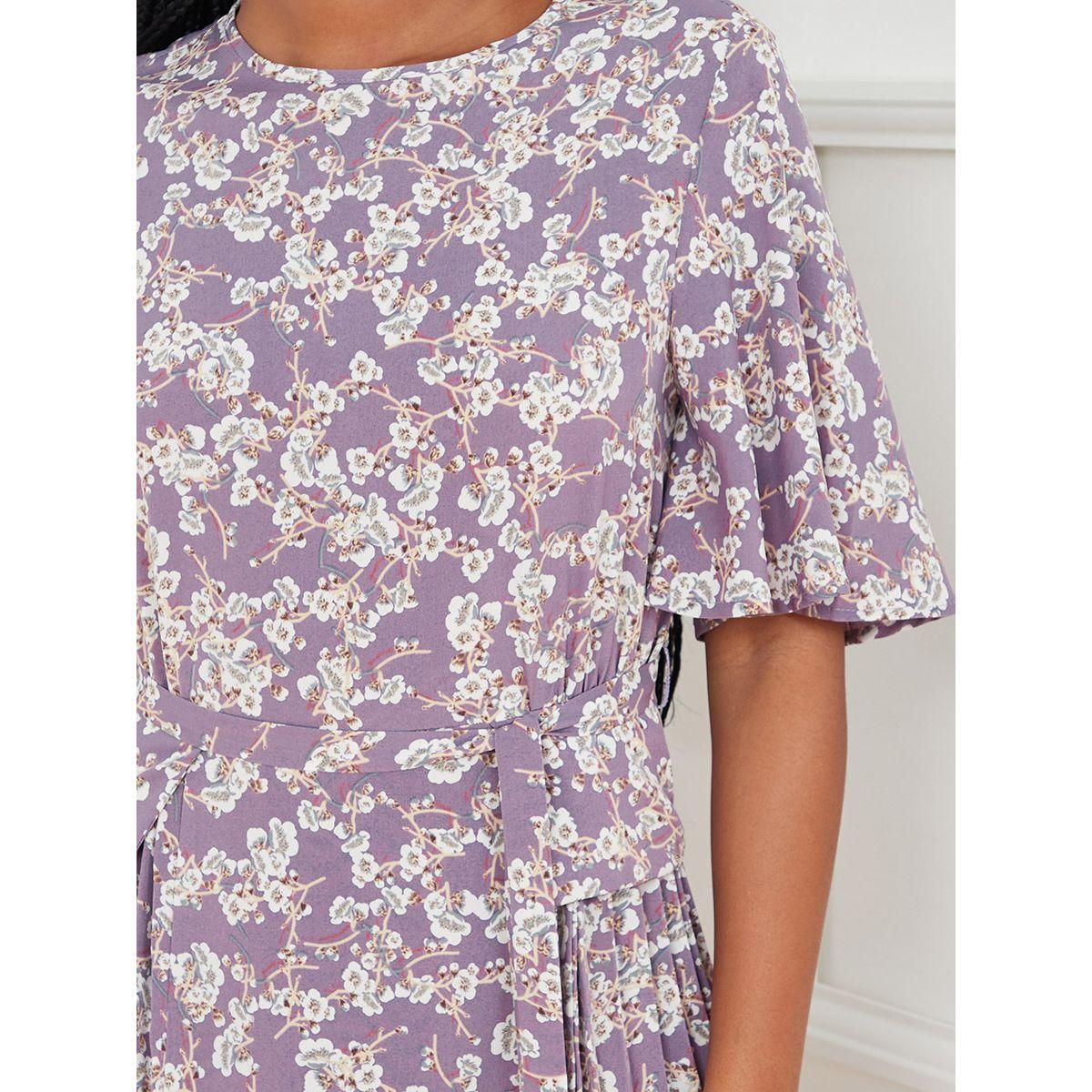 Styli Flare Sleeves Floral Print Knee Length Dress with Pleated Detail-women-clothing-dresses-image-3