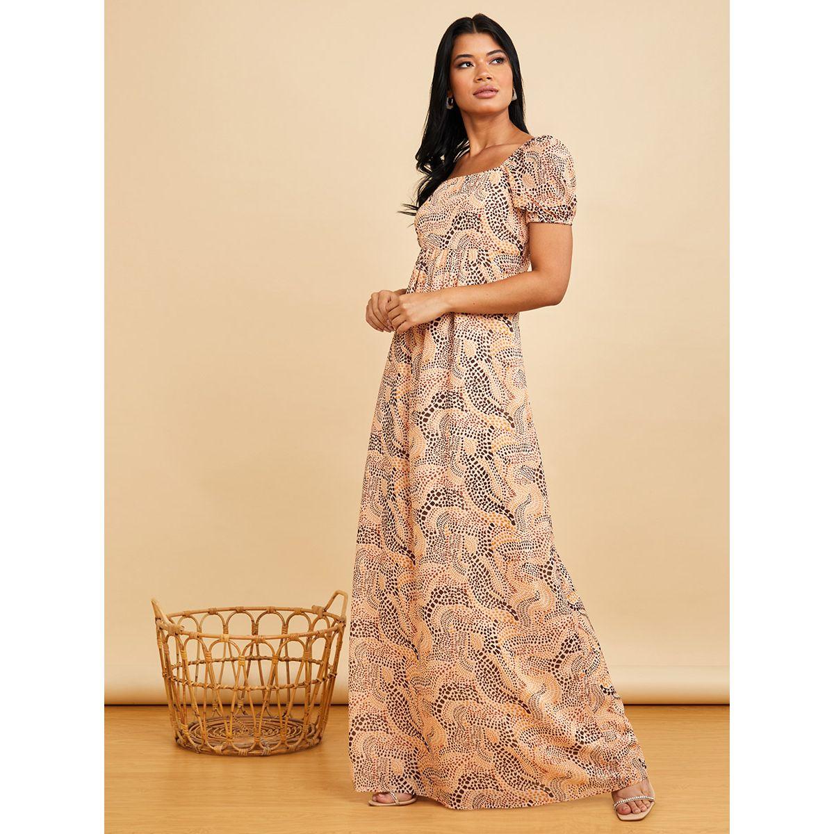 Styli Short Cuff Sleeves Square Neck A-Line Maxi Dress-women-clothing-dresses-image-1
