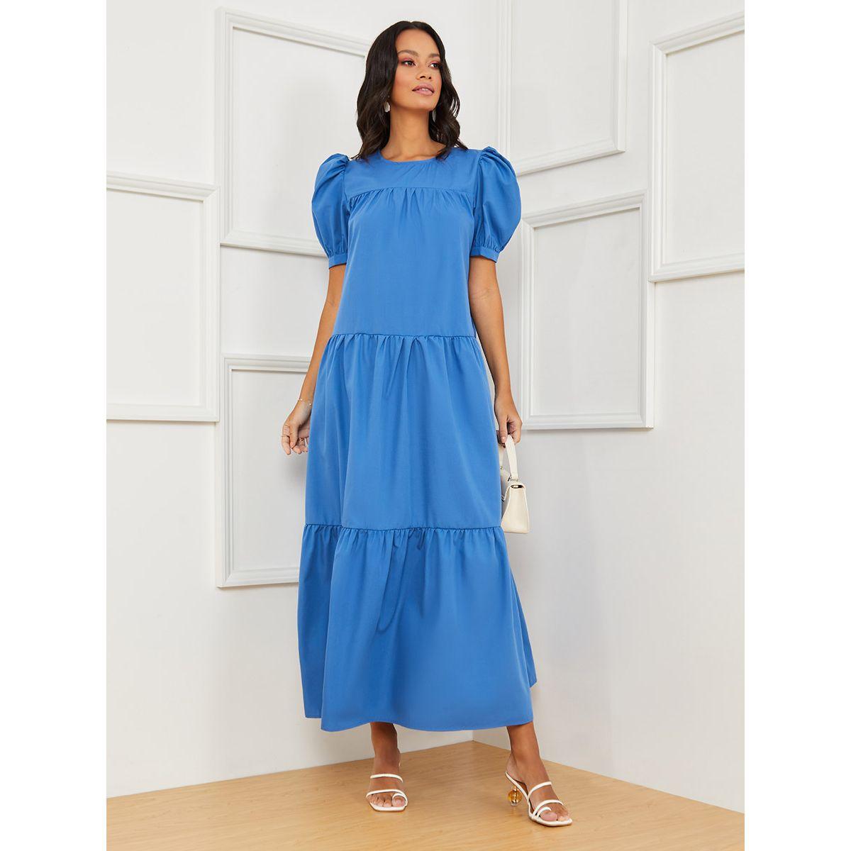 Styli Short Sleeves Round Neck Tiered Maxi Dress-women-clothing-dresses-image-1