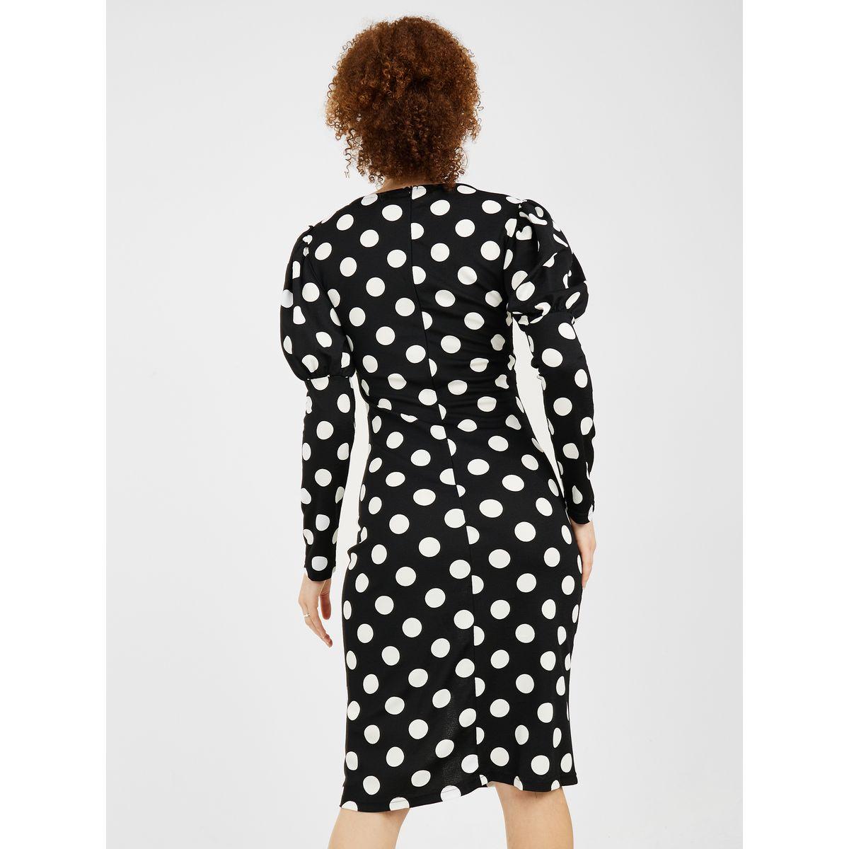 Styli Puff Sleeves Polka Dot Bodycon Knee Length Dress with Slit Detail-women-clothing-dresses-image-4