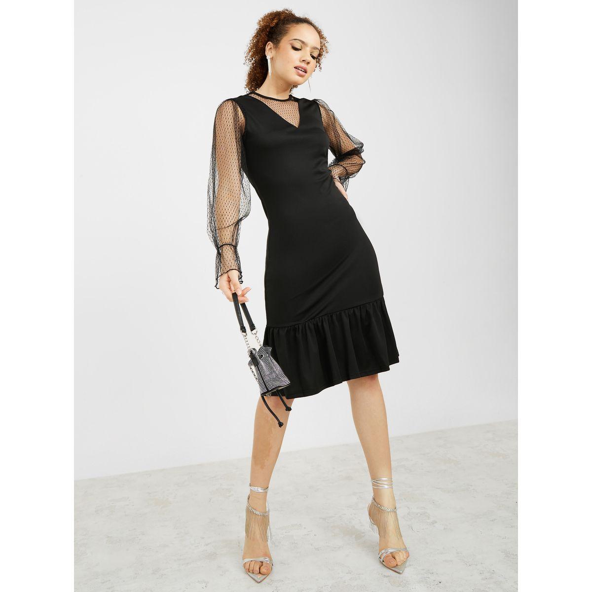 Styli Long Sleeves Dobby Spot Mesh Insert Sheath Knee Length Dress-women-clothing-dresses-image-2