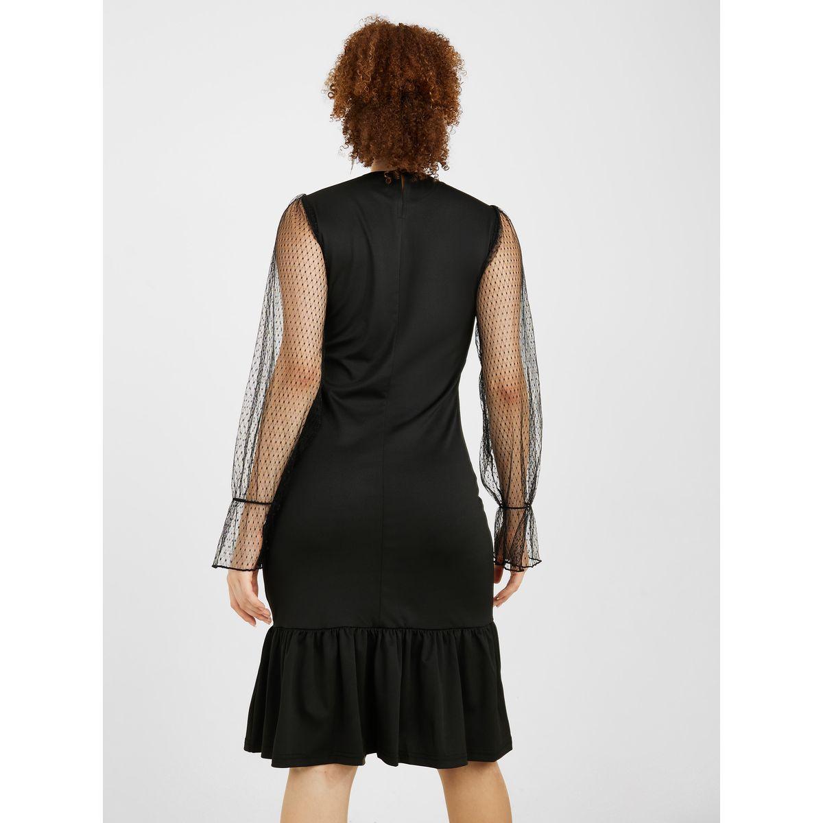 Styli Long Sleeves Dobby Spot Mesh Insert Sheath Knee Length Dress-women-clothing-dresses-image-4