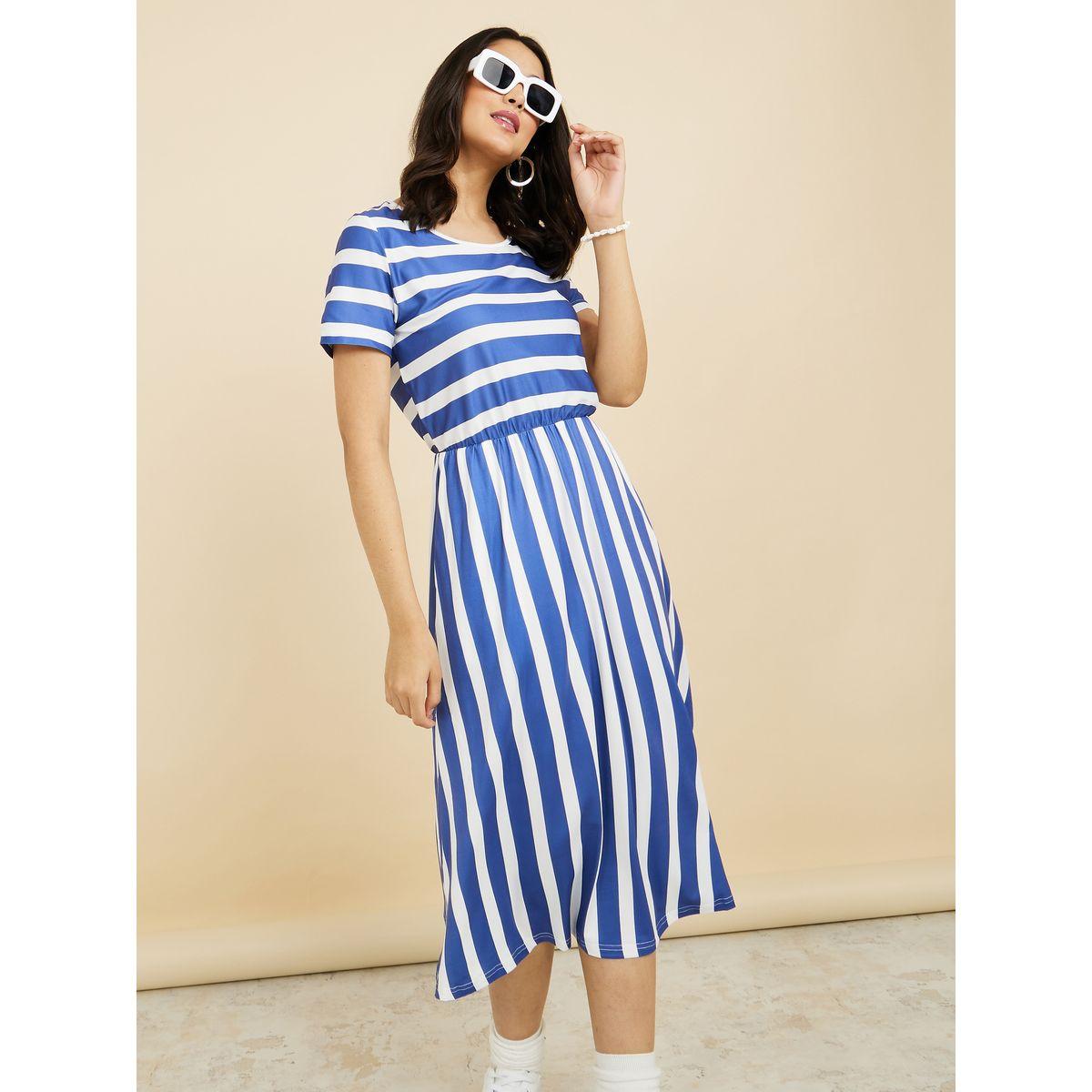 Styli Short Sleeves Round Neck Striped A-Line Midi Dress-women-clothing-dresses-image-1