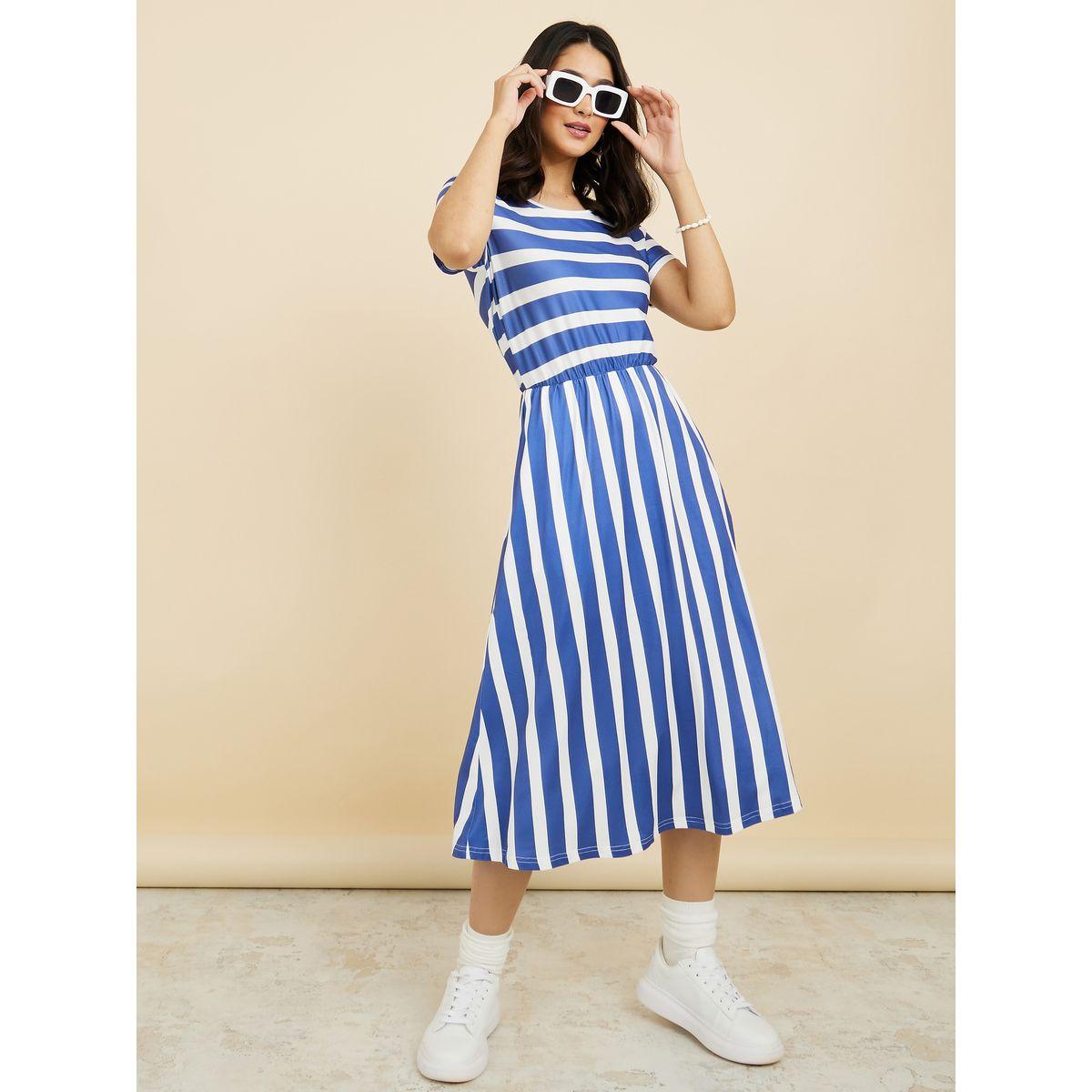 Styli Short Sleeves Round Neck Striped A-Line Midi Dress-women-clothing-dresses-image-2