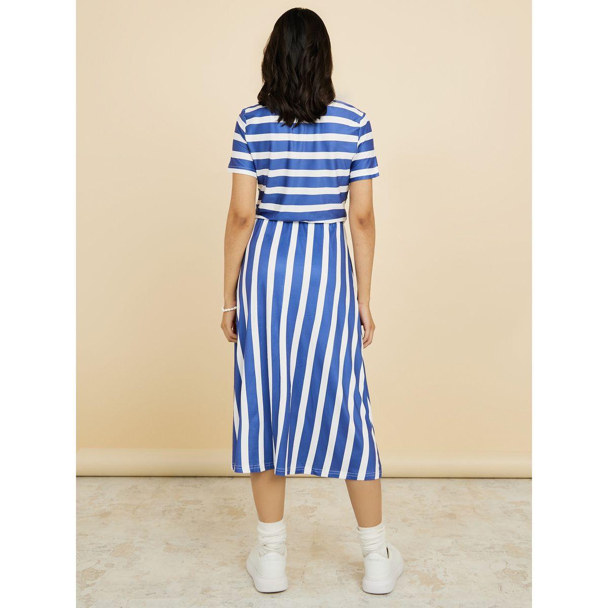 Styli Short Sleeves Round Neck Striped A-Line Midi Dress-women-clothing-dresses-image-4