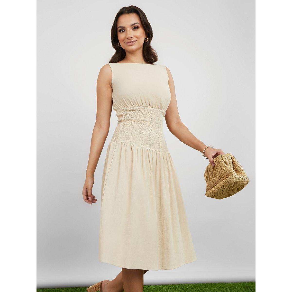 Styli Sleeveless Round Neck Smocked Detail A-Line Midi Dress-women-clothing-dresses-image-2