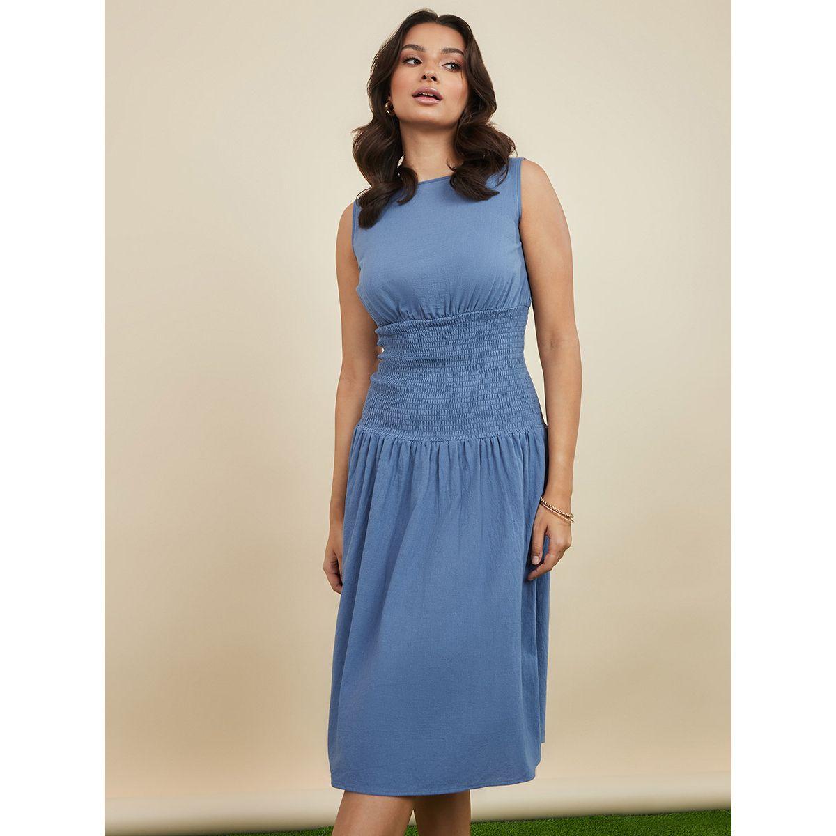 Styli Sleeveless Round Neck Smocked Detail A-Line Midi Dress-women-clothing-dresses-image-1