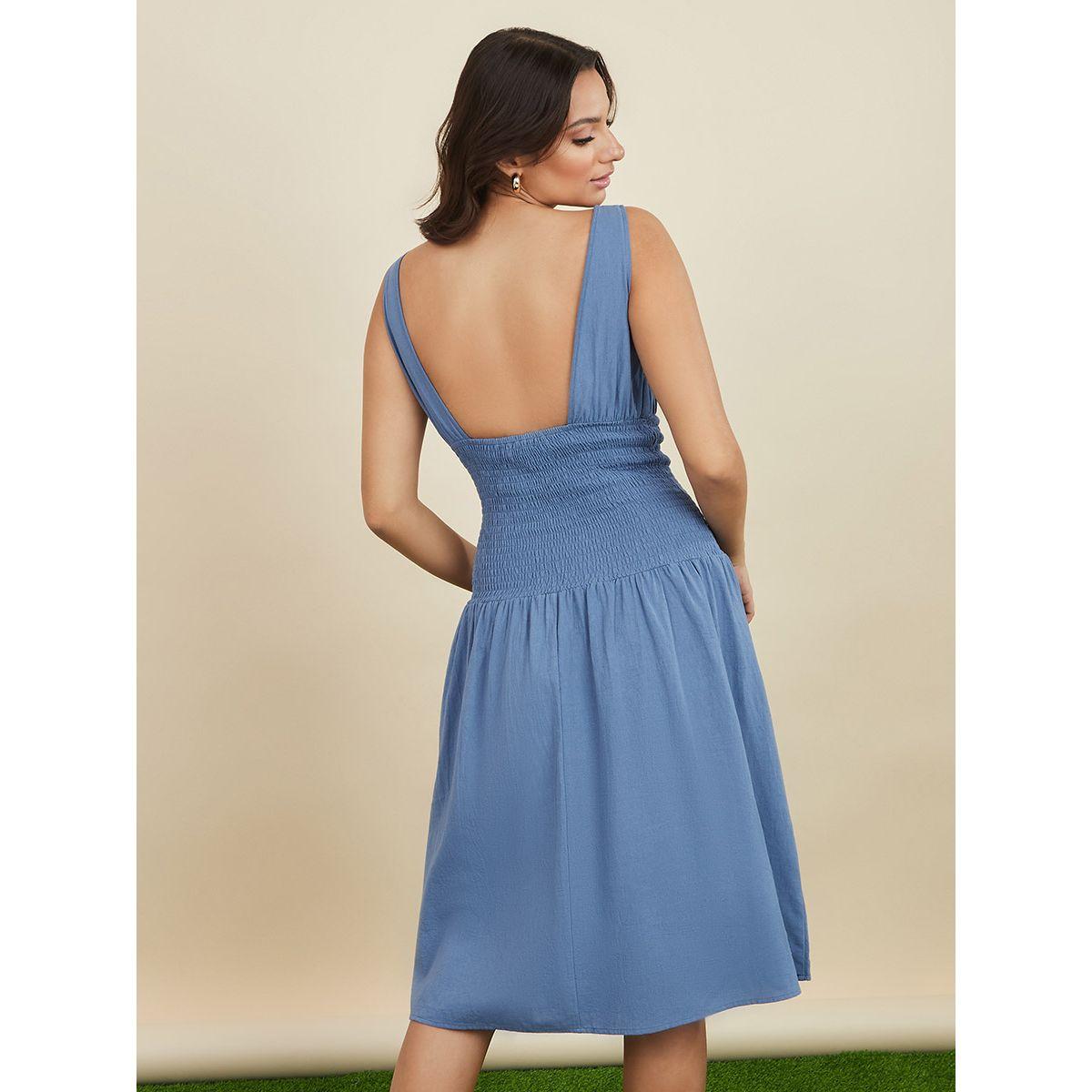 Styli Sleeveless Round Neck Smocked Detail A-Line Midi Dress-women-clothing-dresses-image-2