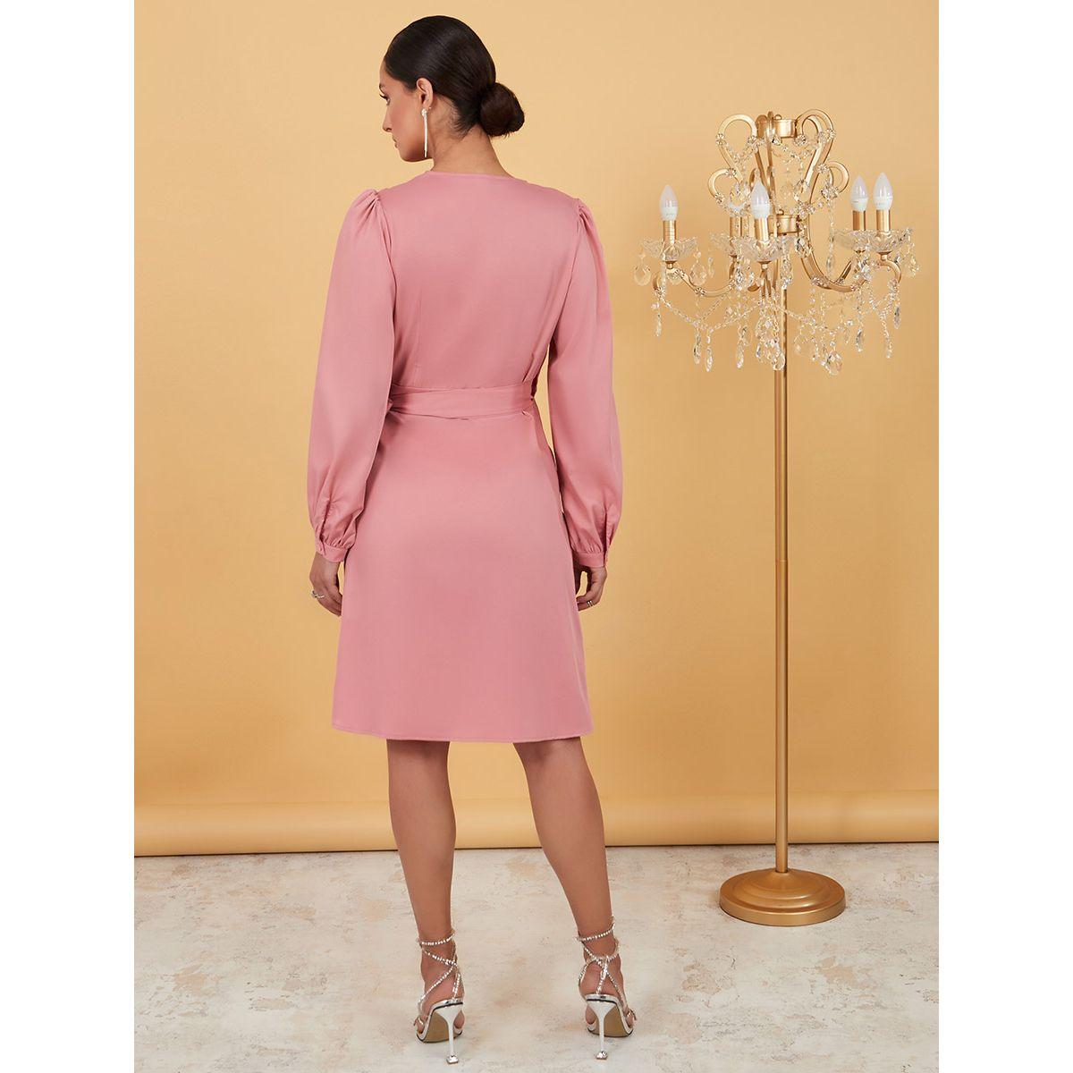 Styli Long Volume Sleeves Satin Wrap Around Knee Length Dress-women-clothing-dresses-image-4