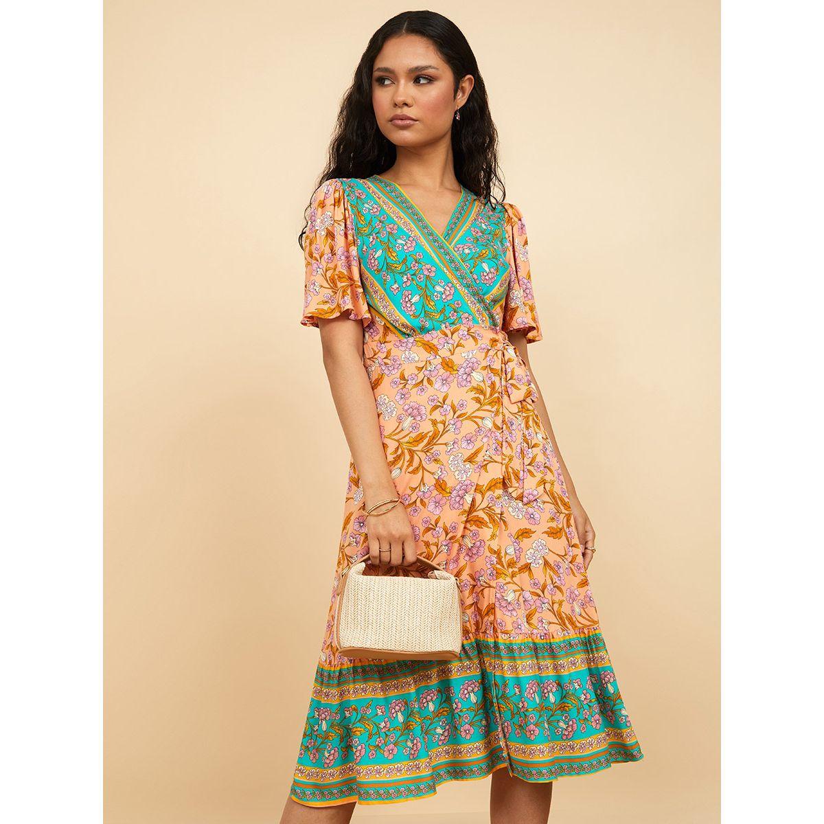 Styli Short Sleeves Bohemian Print Wrap Over Midi Dress-women-clothing-dresses-image-1