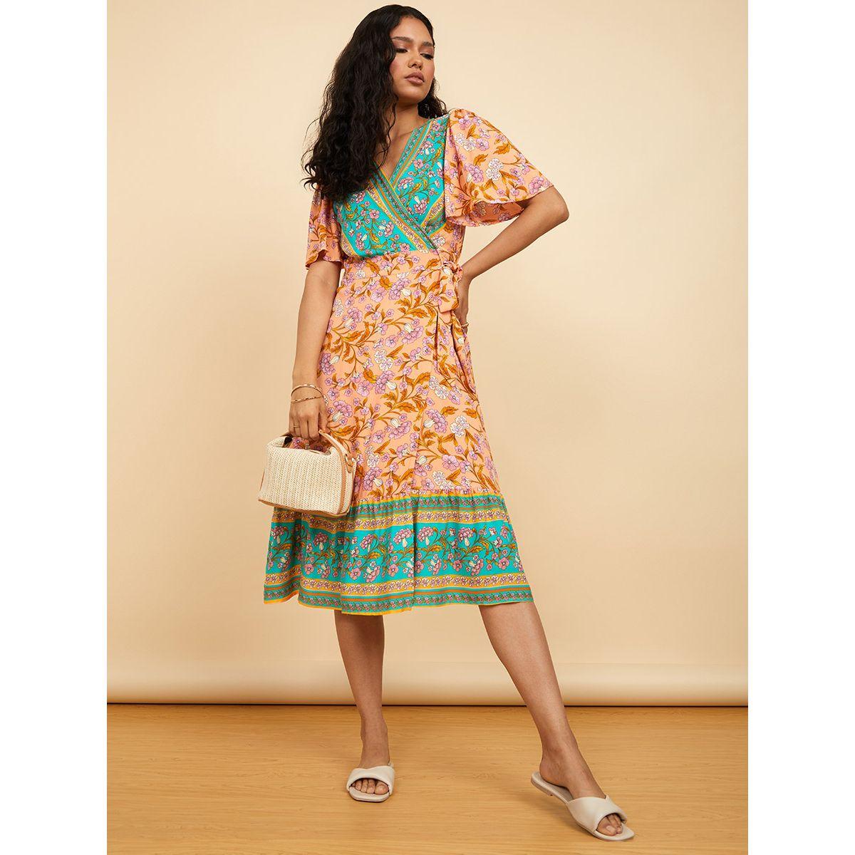 Styli Short Sleeves Bohemian Print Wrap Over Midi Dress-women-clothing-dresses-image-2