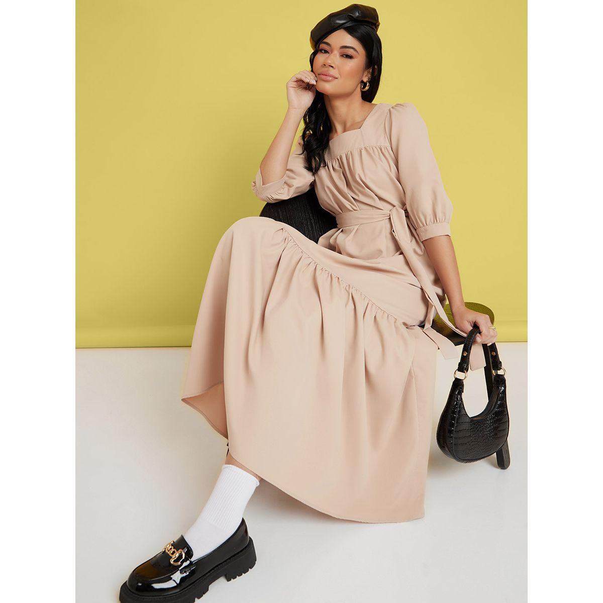 Styli 3/4 Sleeves Square Neck Tiered Maxi Dress with Tie Belt-women-clothing-dresses-image-1