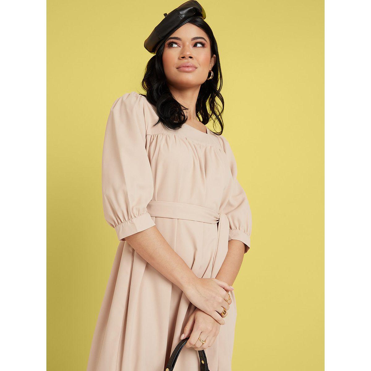Styli 3/4 Sleeves Square Neck Tiered Maxi Dress with Tie Belt-women-clothing-dresses-image-3