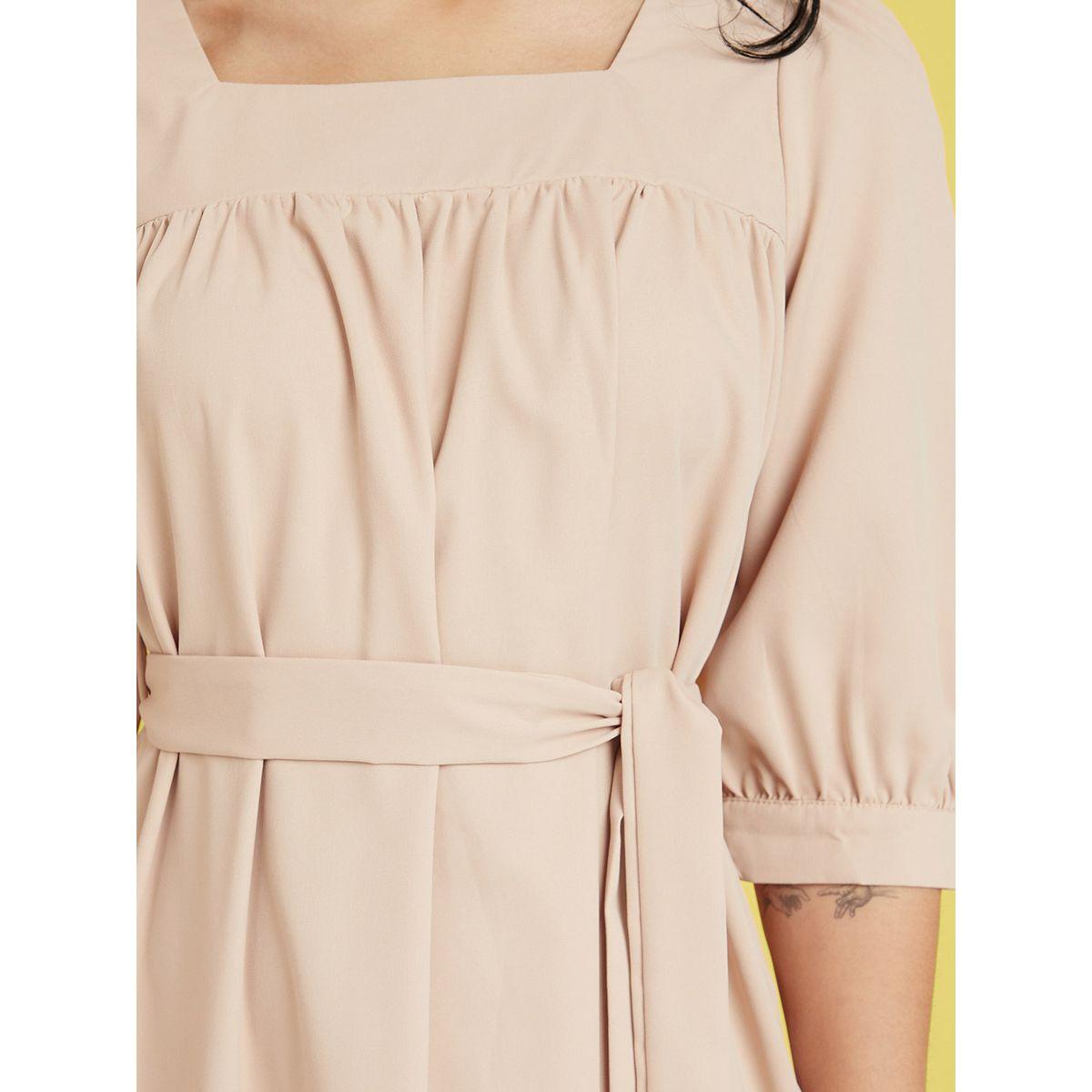 Styli 3/4 Sleeves Square Neck Tiered Maxi Dress with Tie Belt-women-clothing-dresses-image-4