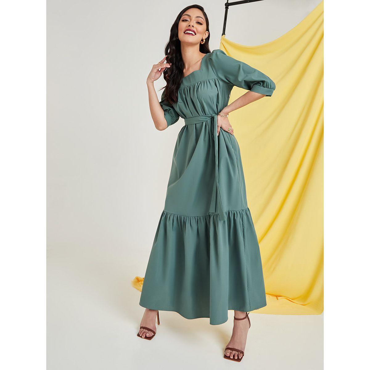 Styli 3/4 Sleeves Square Neck Tiered Maxi Dress with Tie Belt-women-clothing-dresses-image-1