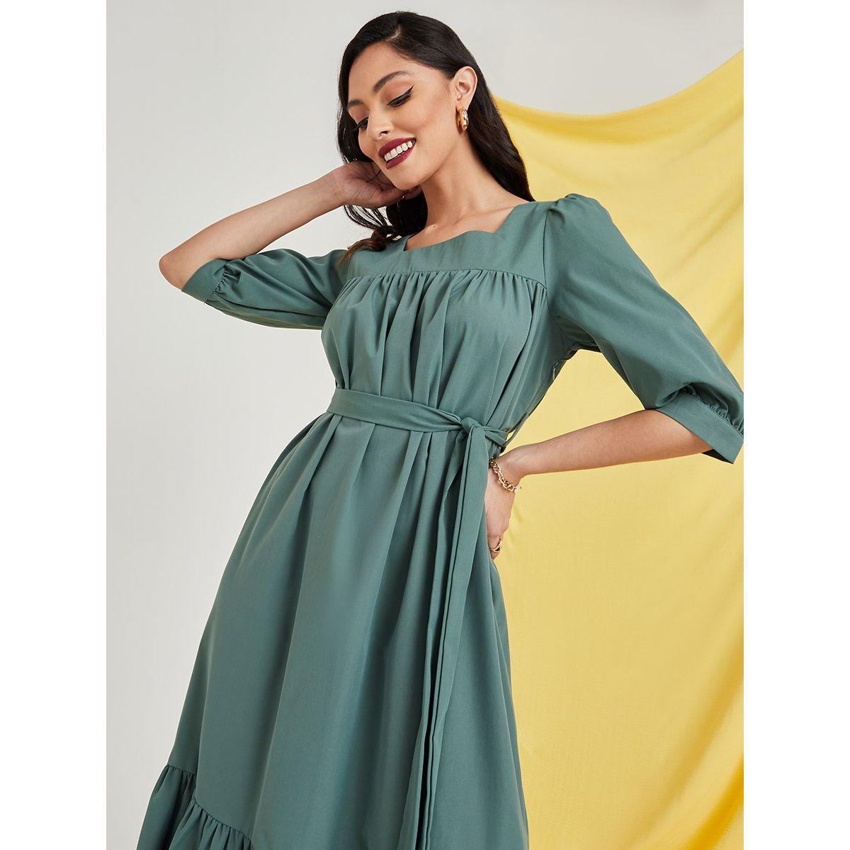 Styli 3/4 Sleeves Square Neck Tiered Maxi Dress with Tie Belt-women-clothing-dresses-image-2
