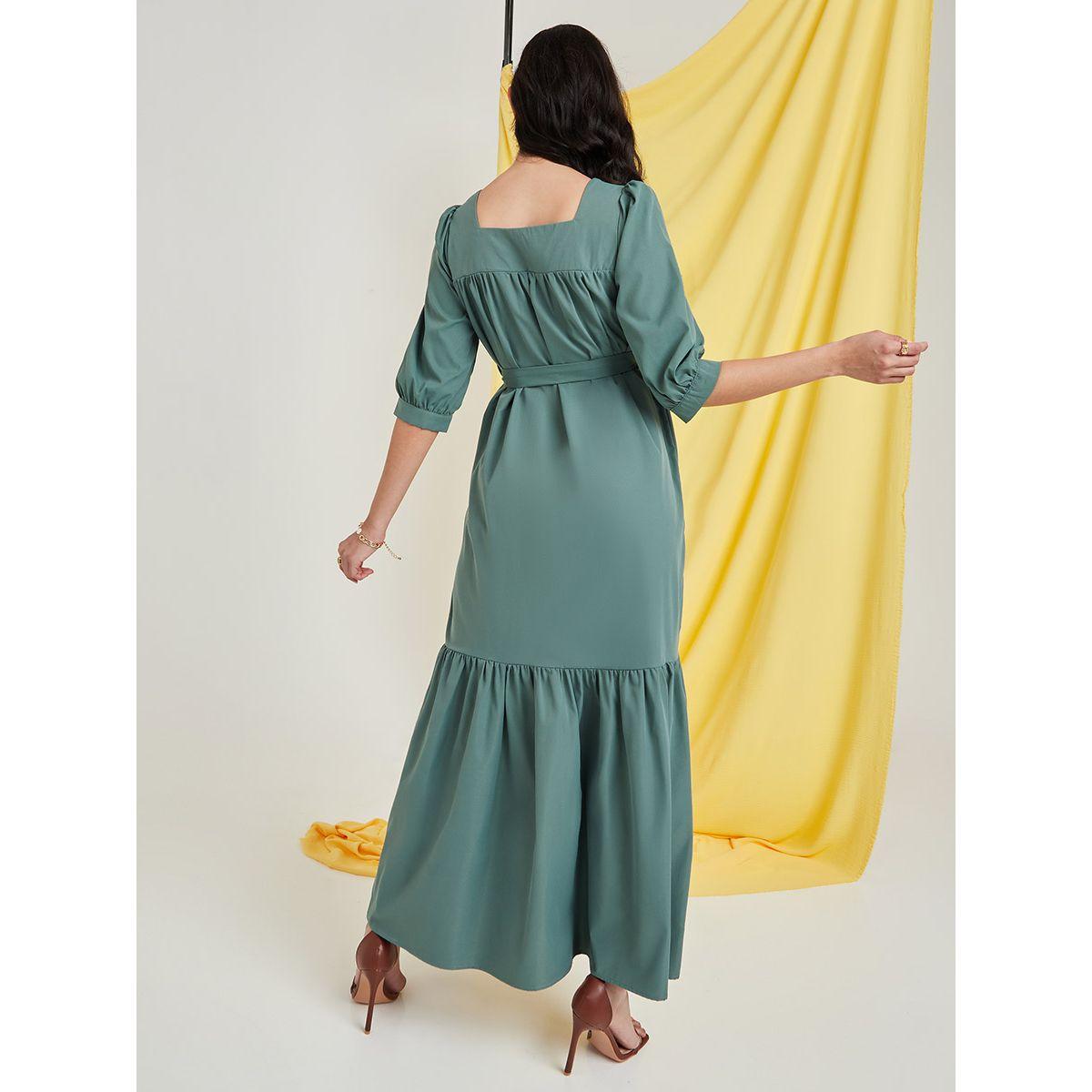 Styli 3/4 Sleeves Square Neck Tiered Maxi Dress with Tie Belt-women-clothing-dresses-image-4