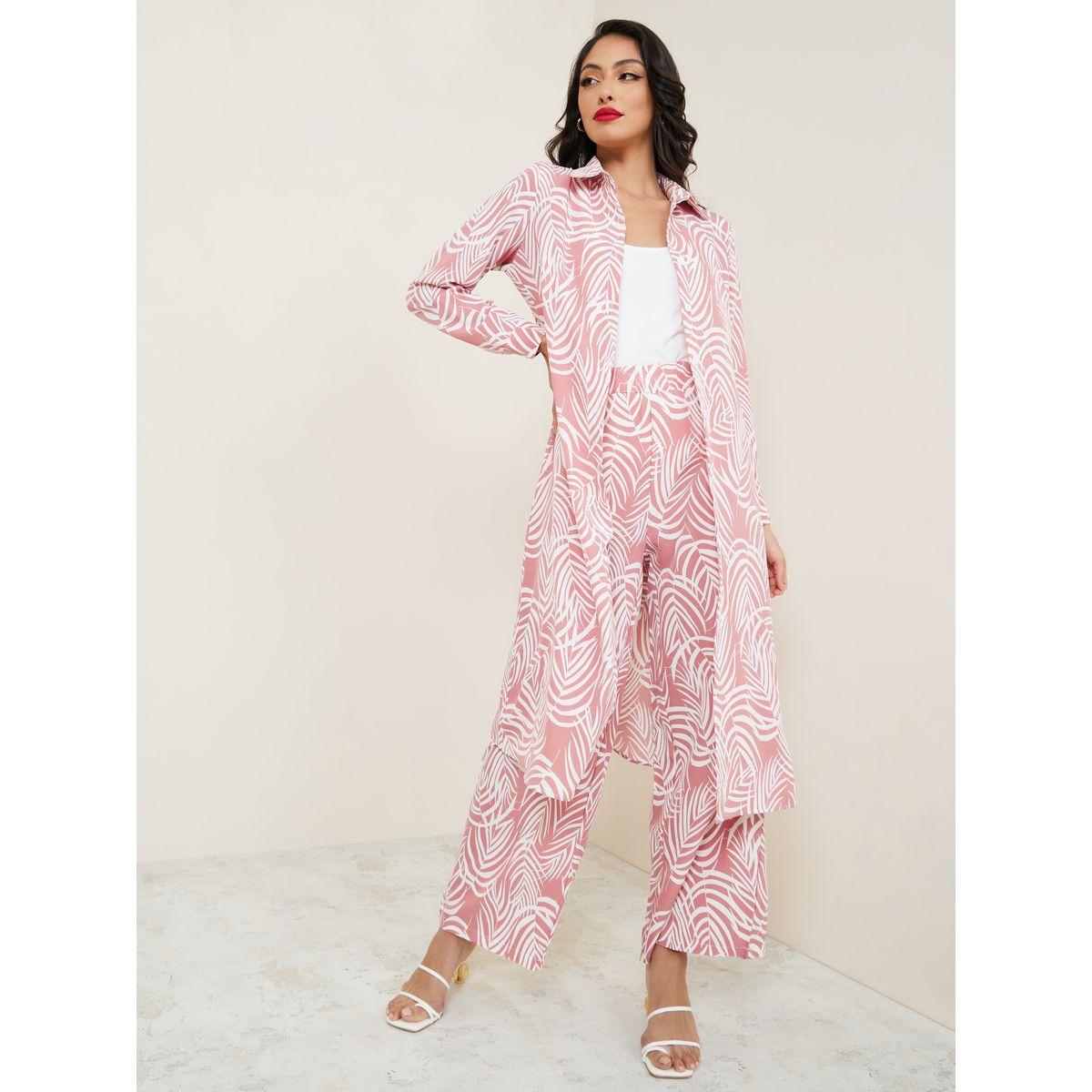 Styli Set of 3 - Leaf Print Longline Shirt, Cami & Trouser Co-Ords-women-clothing-coordsets-image-1