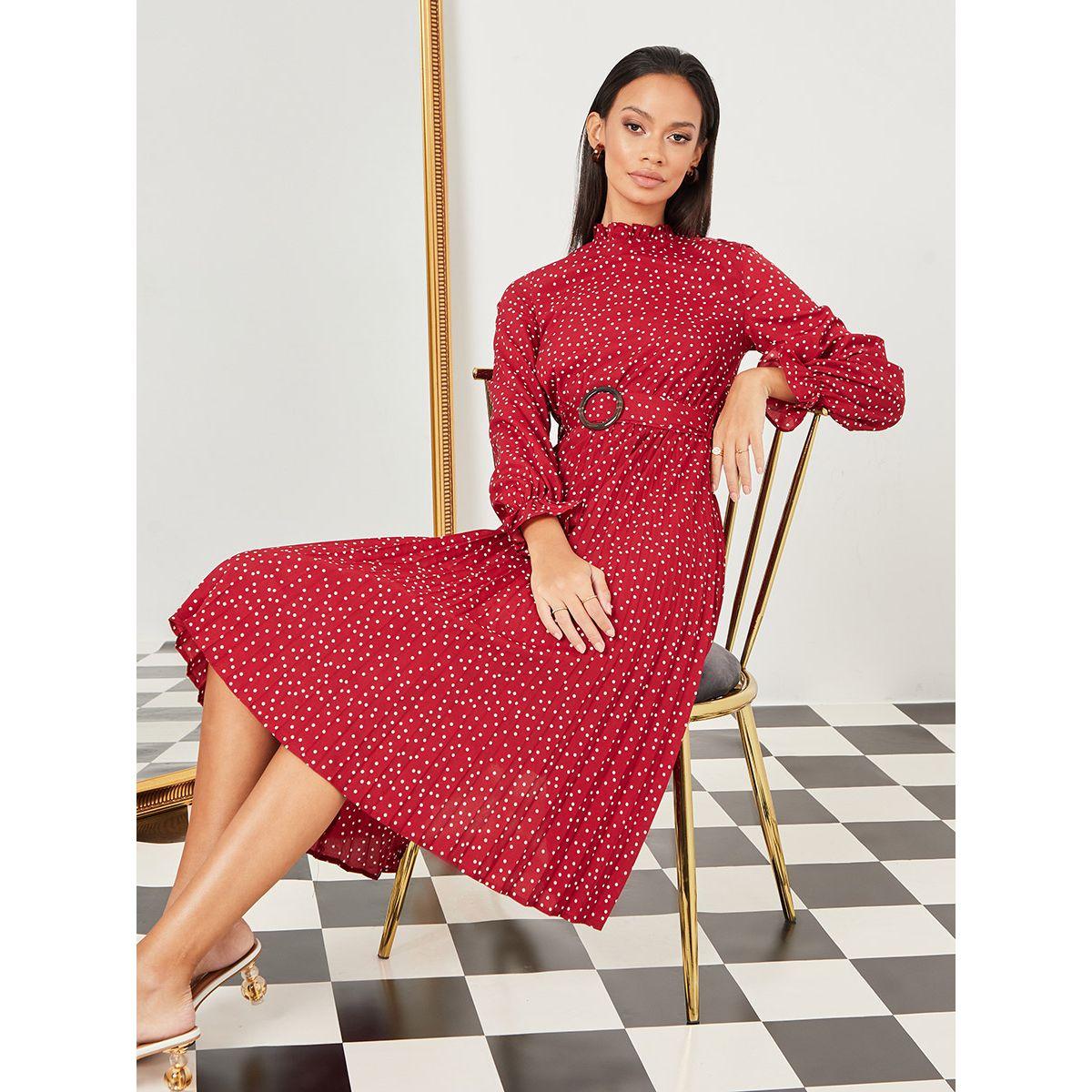 Styli Long Sleeves High Neck Polka Dot Print A-Line Midi Dress-women-clothing-dresses-image-1
