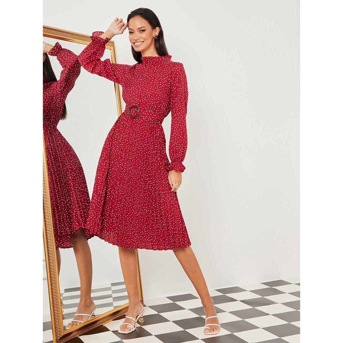 Styli Long Sleeves High Neck Polka Dot Print A-Line Midi Dress-women-clothing-dresses-image-2