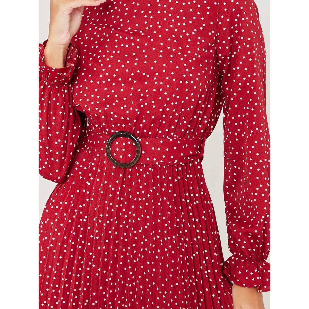 Styli Long Sleeves High Neck Polka Dot Print A-Line Midi Dress-women-clothing-dresses-image-3