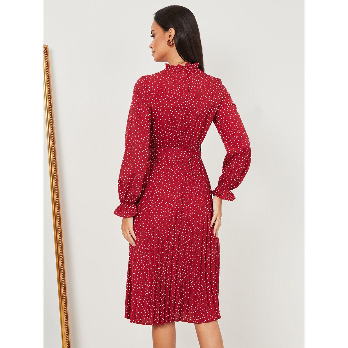 Styli Long Sleeves High Neck Polka Dot Print A-Line Midi Dress-women-clothing-dresses-image-4