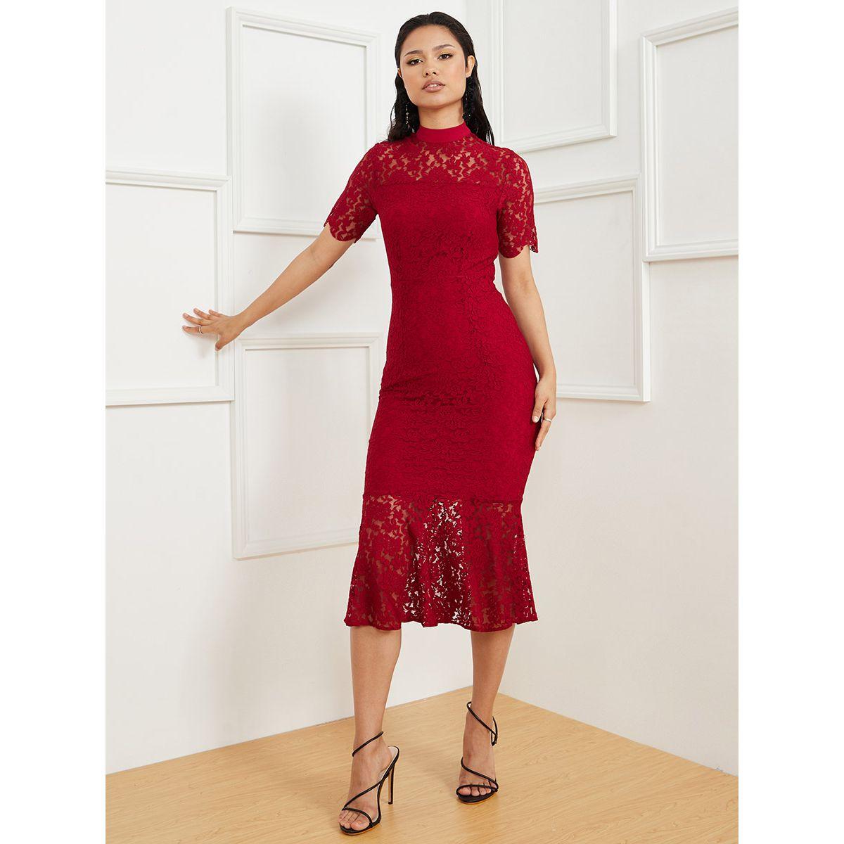 Styli Short Sleeves Lace Insert High Neck Sheath Midi Dress-women-clothing-dresses-image-2