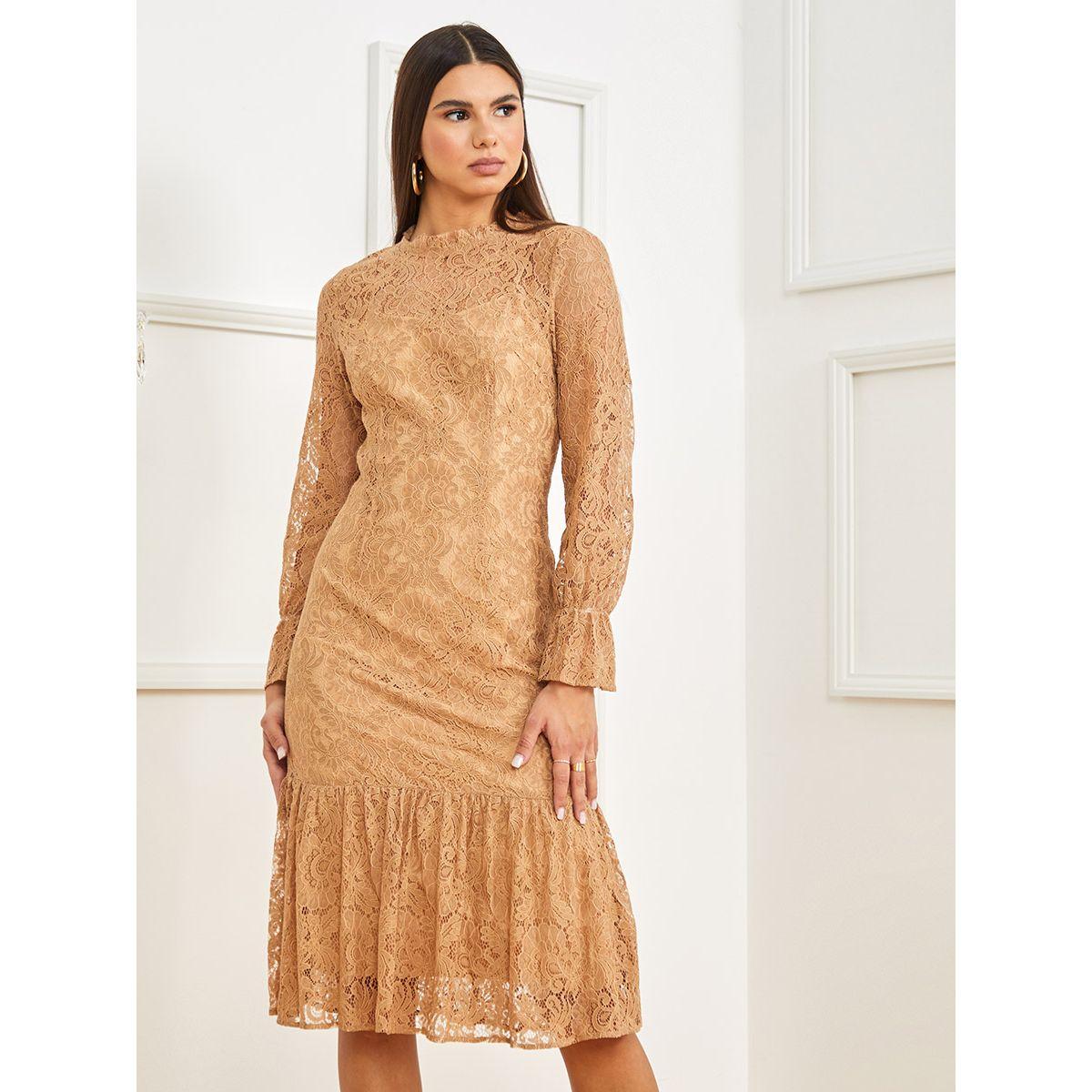 Styli Long Sleeves High Neck Lace Insert Sheath Midi Dress-women-clothing-dresses-image-2