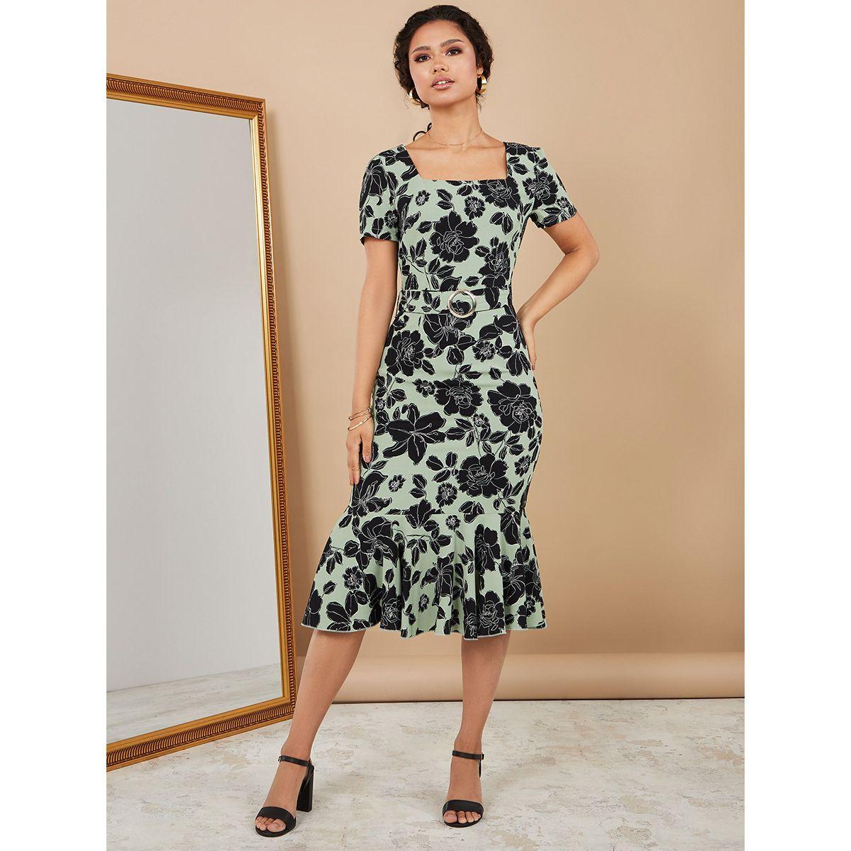 Styli Short Sleeves Square Neck Floral Print Bodycon Midi Dress-women-clothing-dresses-image-1