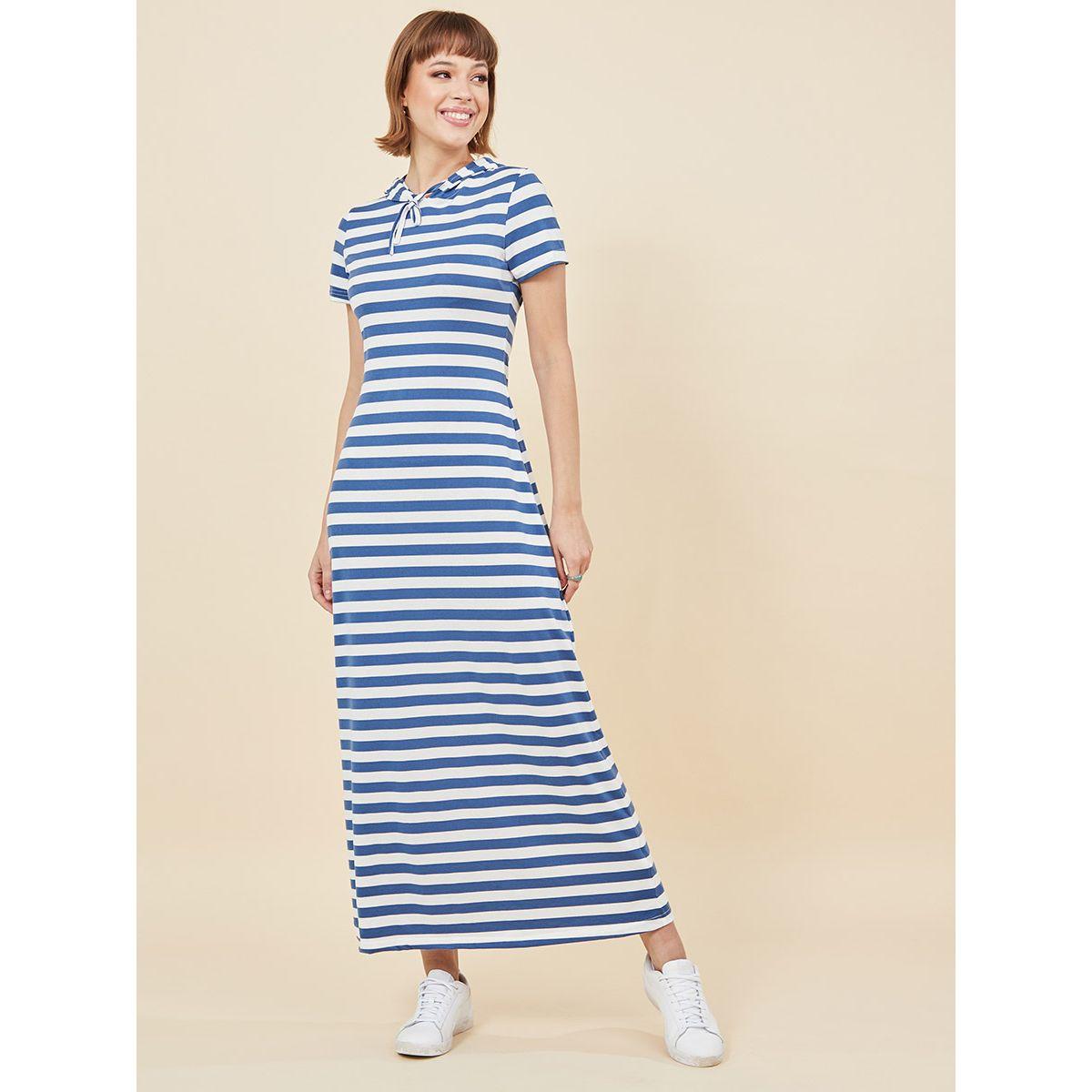 Styli Short Sleeves Striped Hooded T-shirt Maxi Dress-women-clothing-dresses-image-1