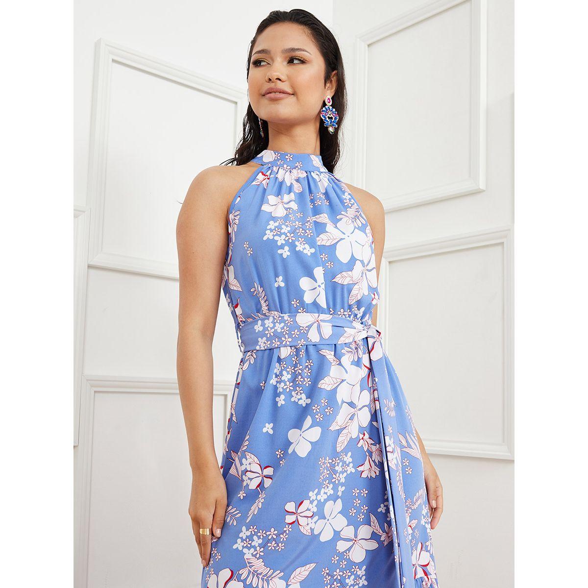 Styli Sleeveless Halter Neck Printed A-Line Maxi Dress with Tie Belt-women-clothing-dresses-image-2
