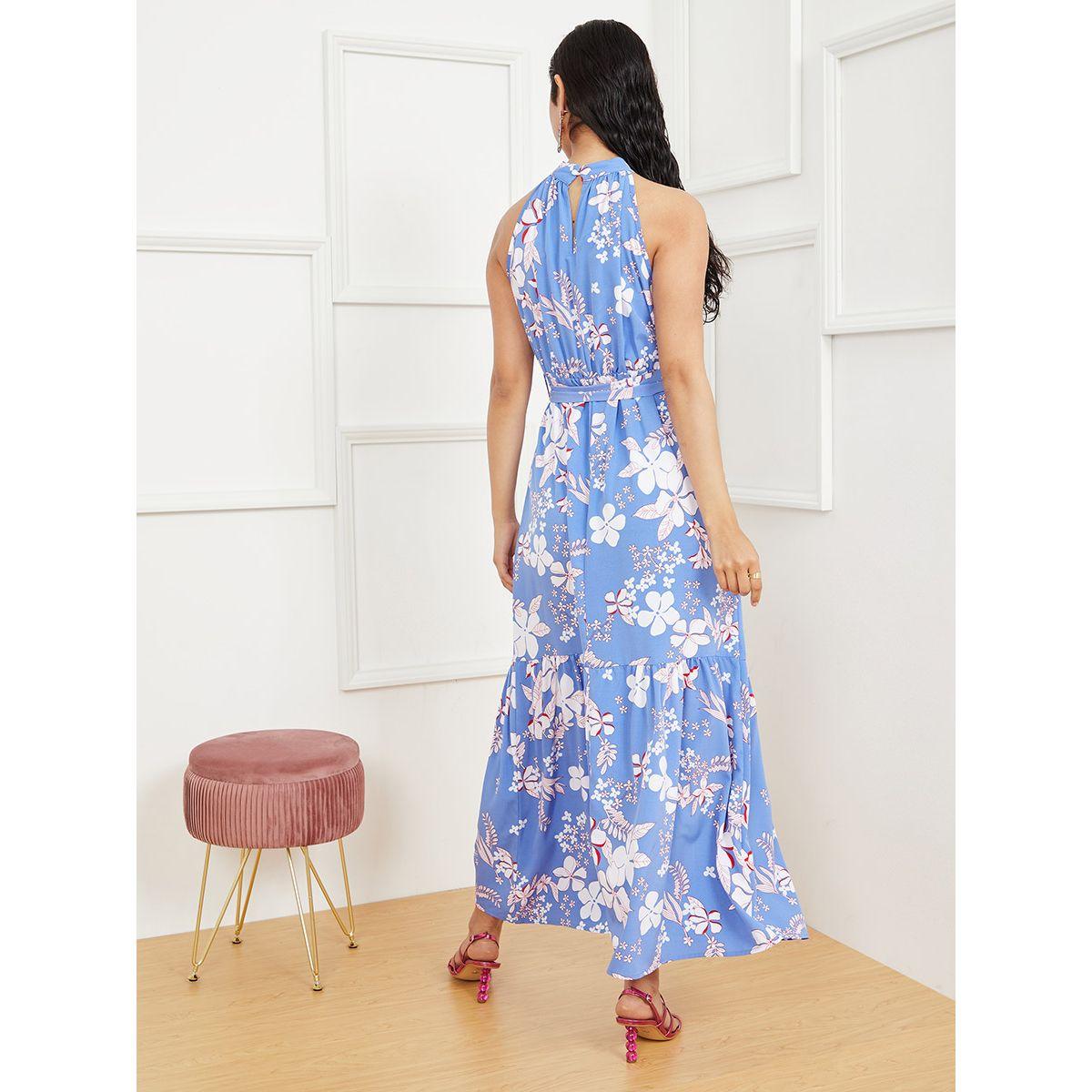 Styli Sleeveless Halter Neck Printed A-Line Maxi Dress with Tie Belt-women-clothing-dresses-image-4