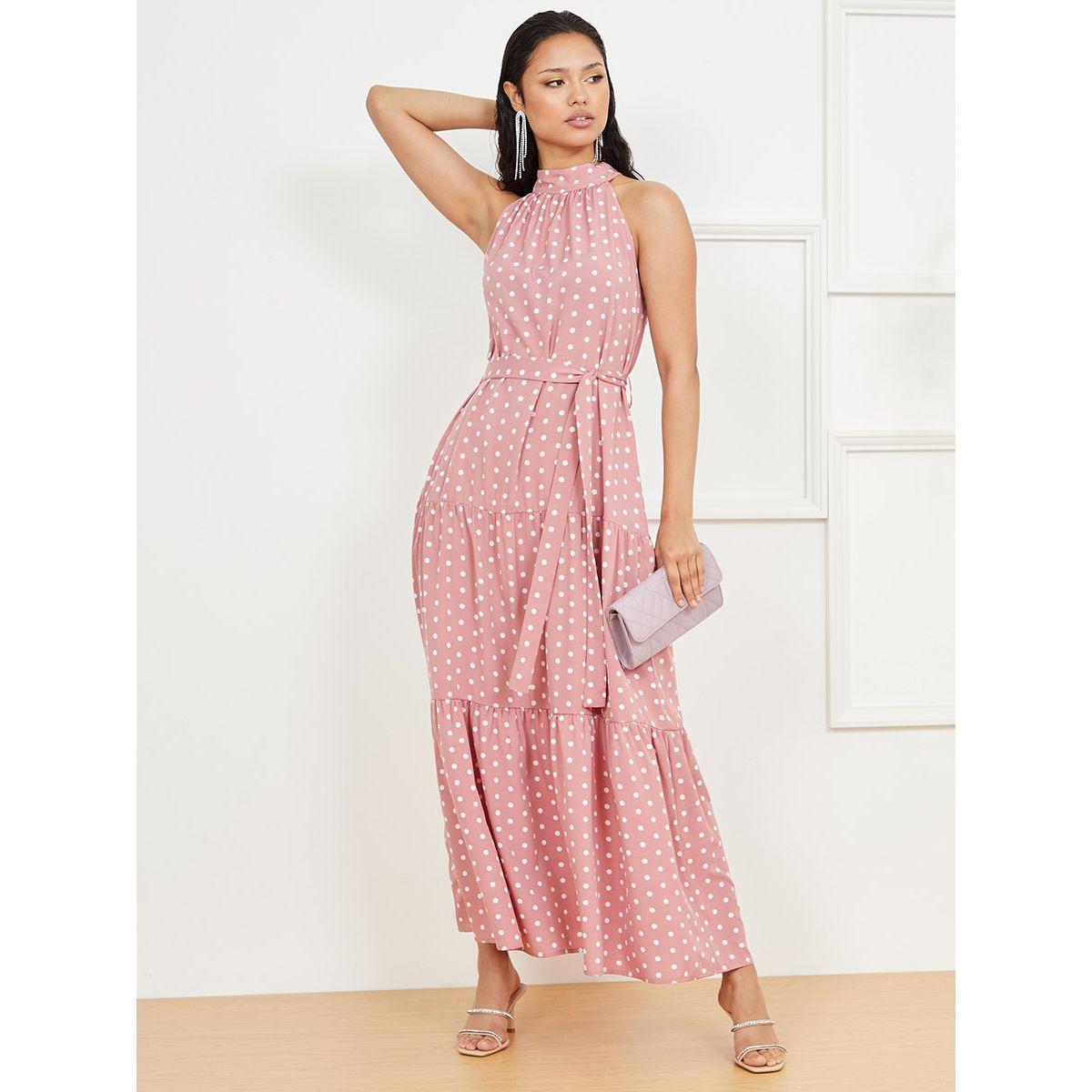 Styli Halter Neck Sleeveless Polka Dot Tiered Maxi Dress-women-clothing-dresses-image-1