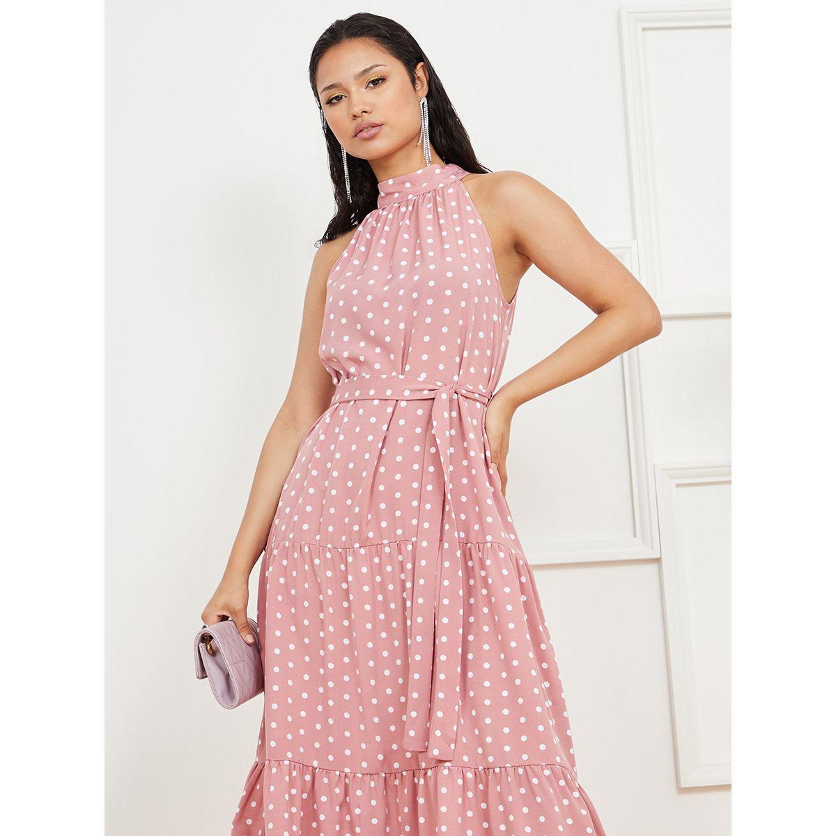 Styli Halter Neck Sleeveless Polka Dot Tiered Maxi Dress-women-clothing-dresses-image-2