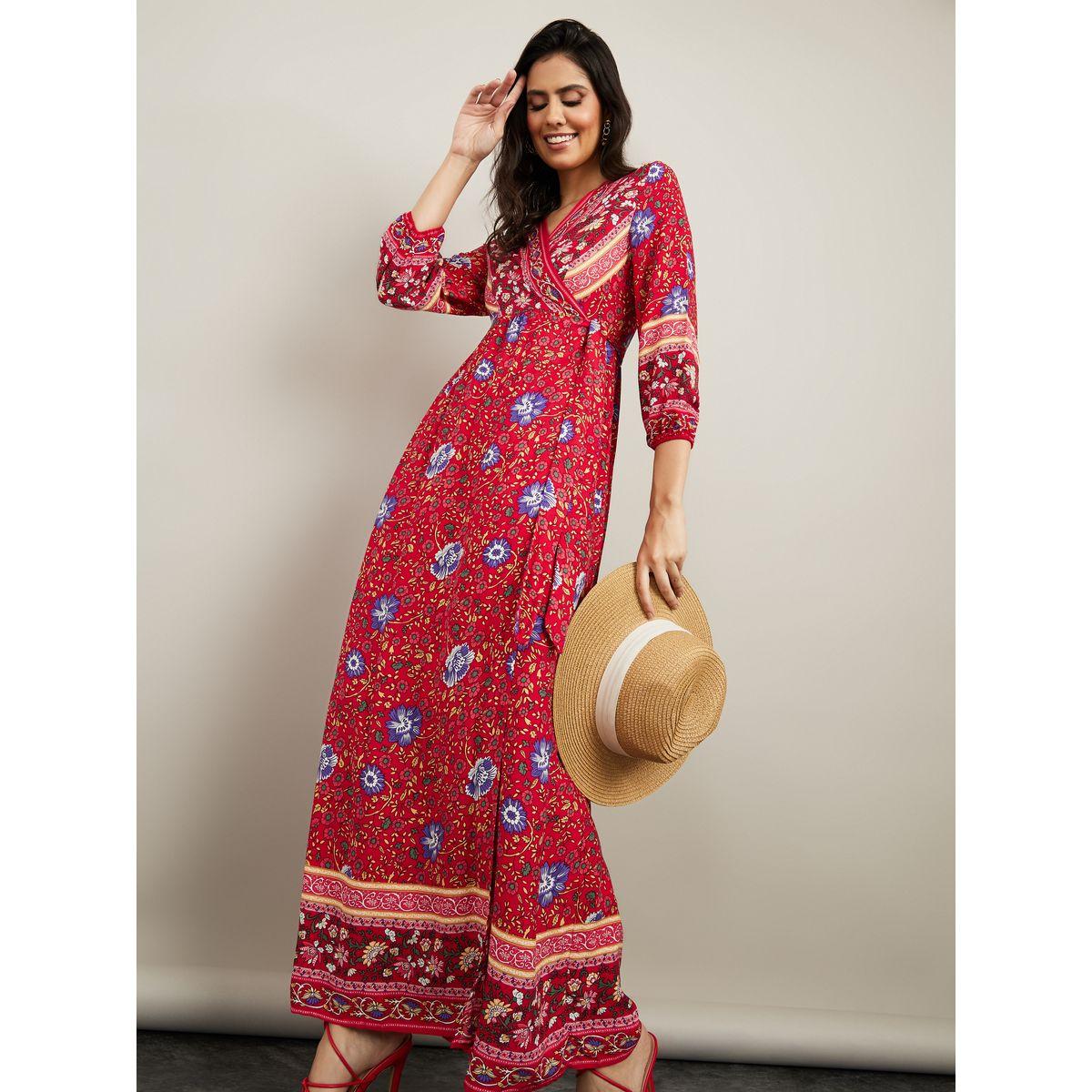 Styli 3/4 Cuffed Sleeves Floral Print Wrap Maxi Dress-women-clothing-dresses-image-1