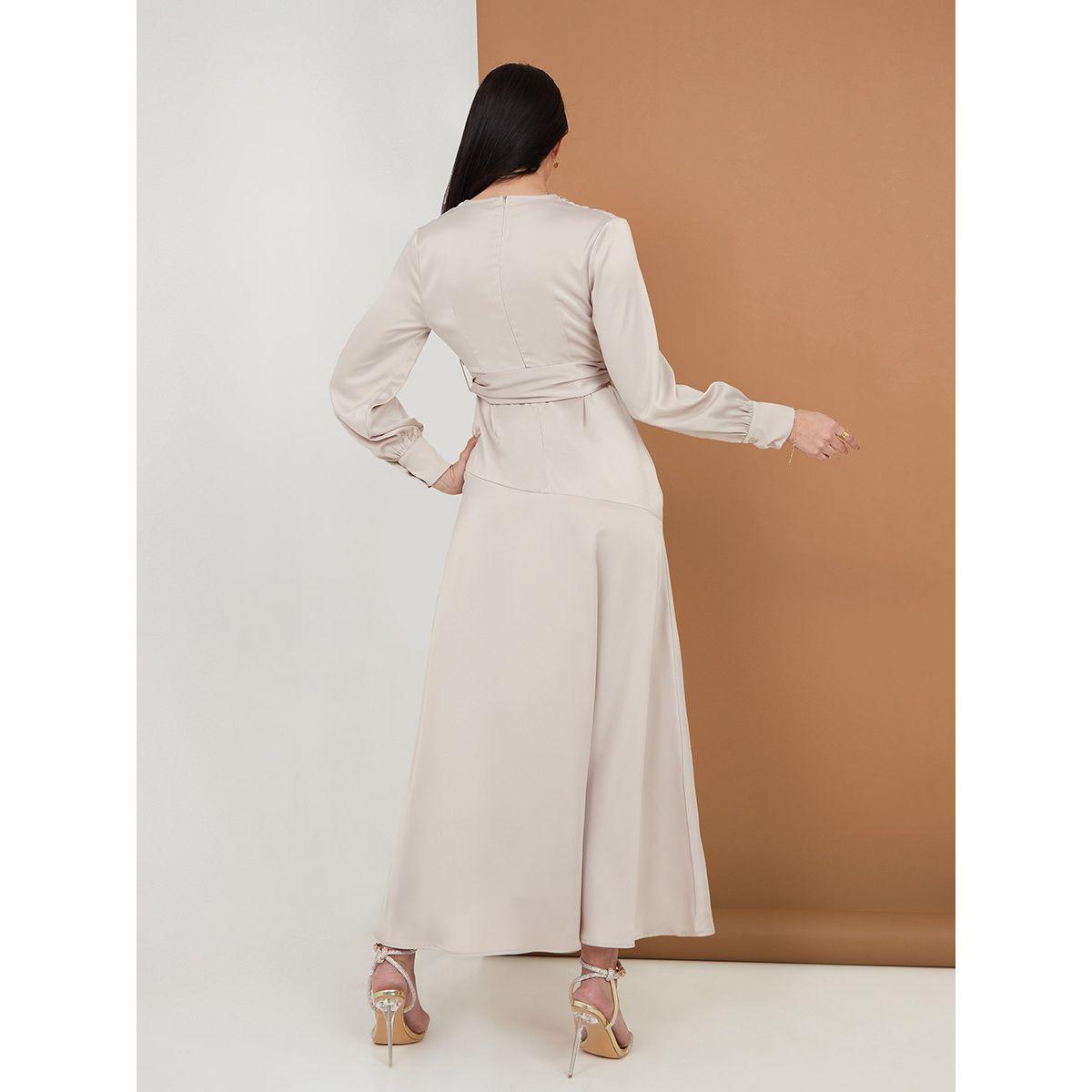Shop Styli Long Sleeves V Neck Satin A-Line Belted Maxi