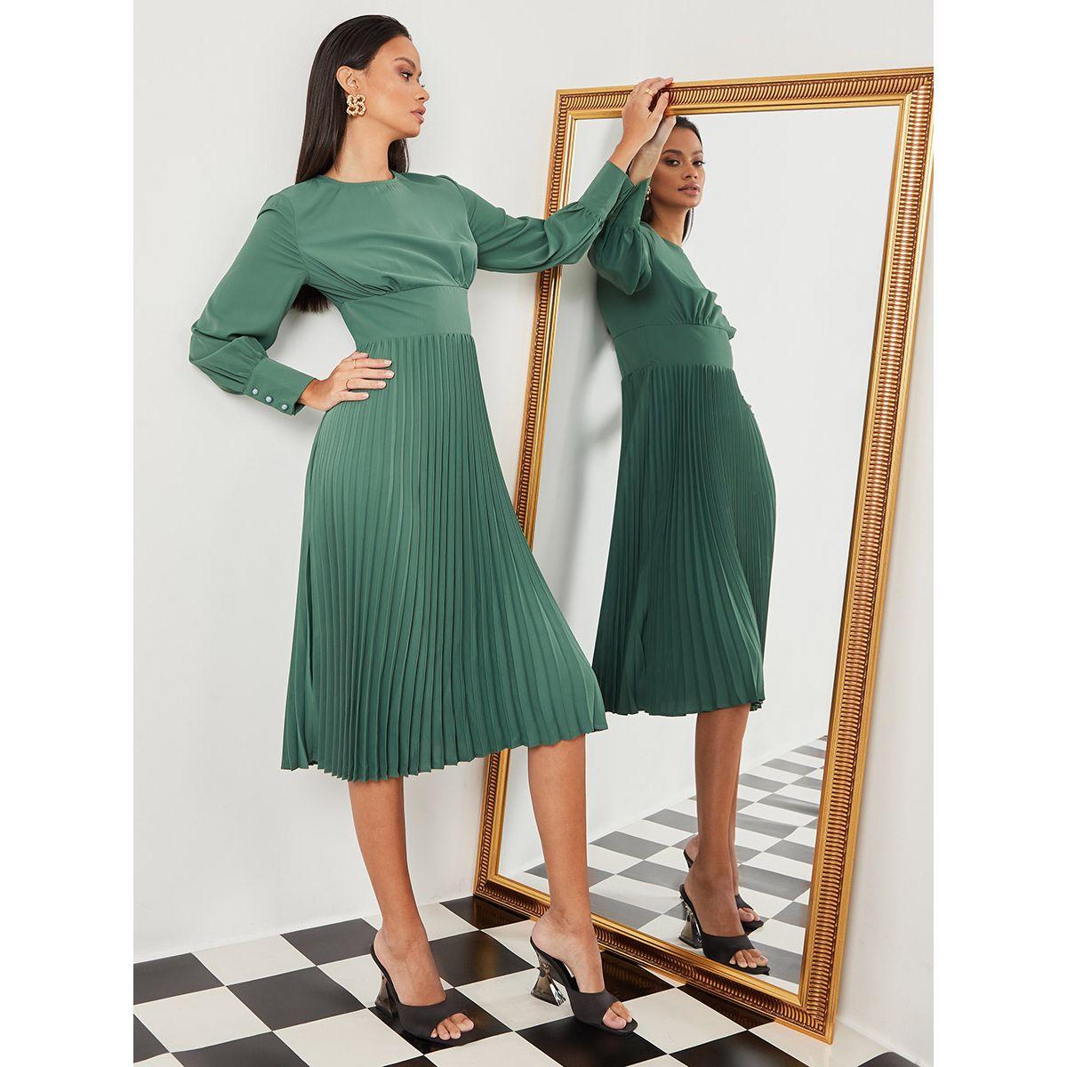 Styli Long Sleeves Round Neck Pleated A-Line Midi Dress-women-clothing-dresses-image-1