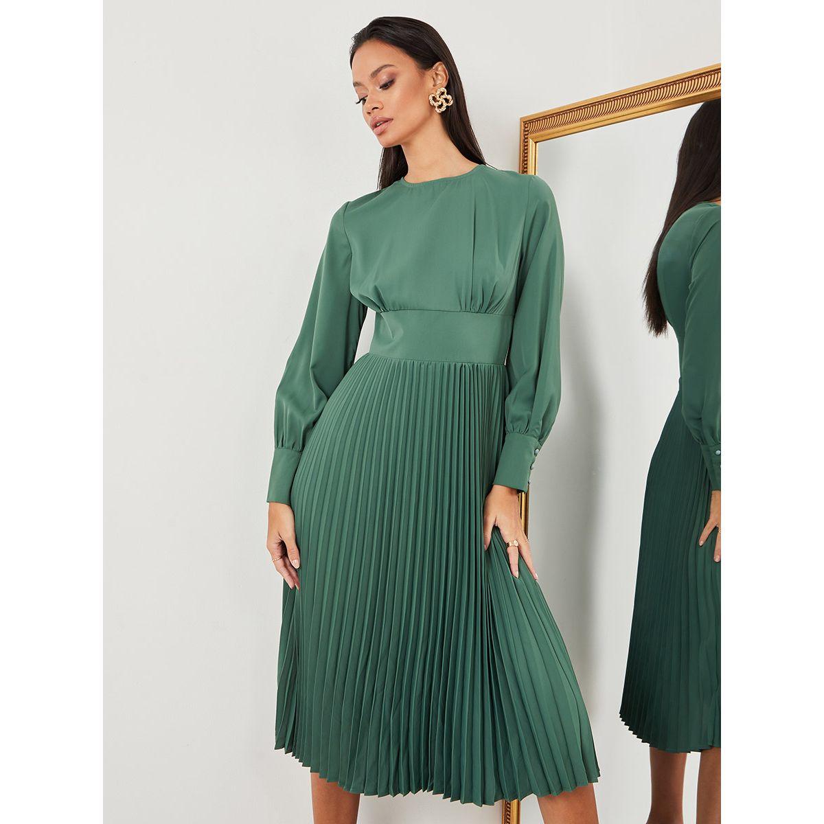 Styli Long Sleeves Round Neck Pleated A-Line Midi Dress-women-clothing-dresses-image-2