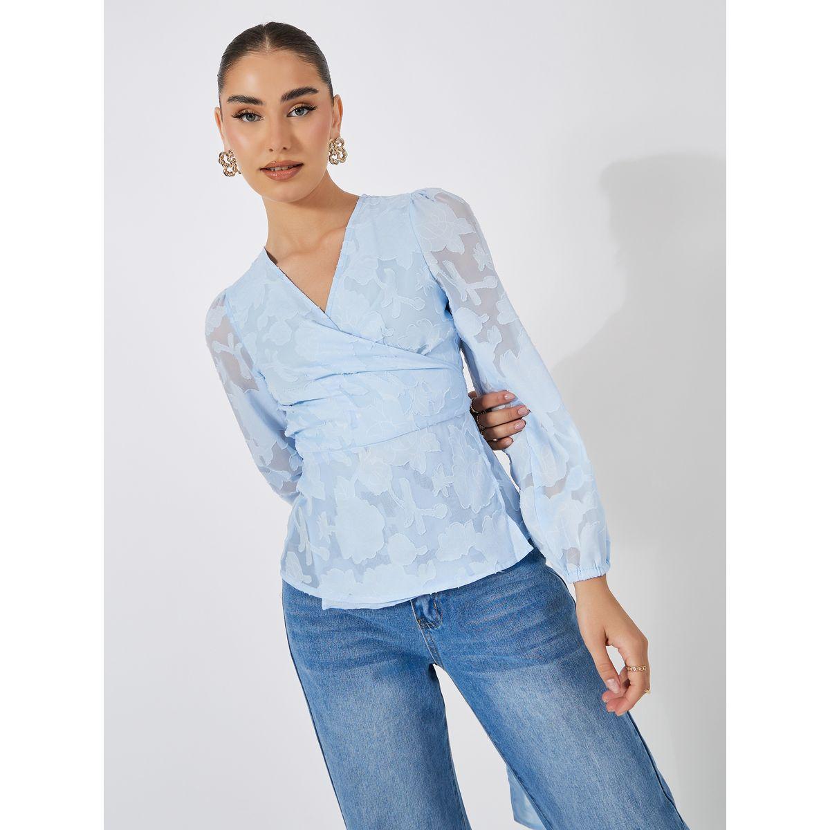 Styli Floral Pattern Burnout Wrap Top with Tie Belt-women-clothing-shirtsandblouses-blouses-image-1