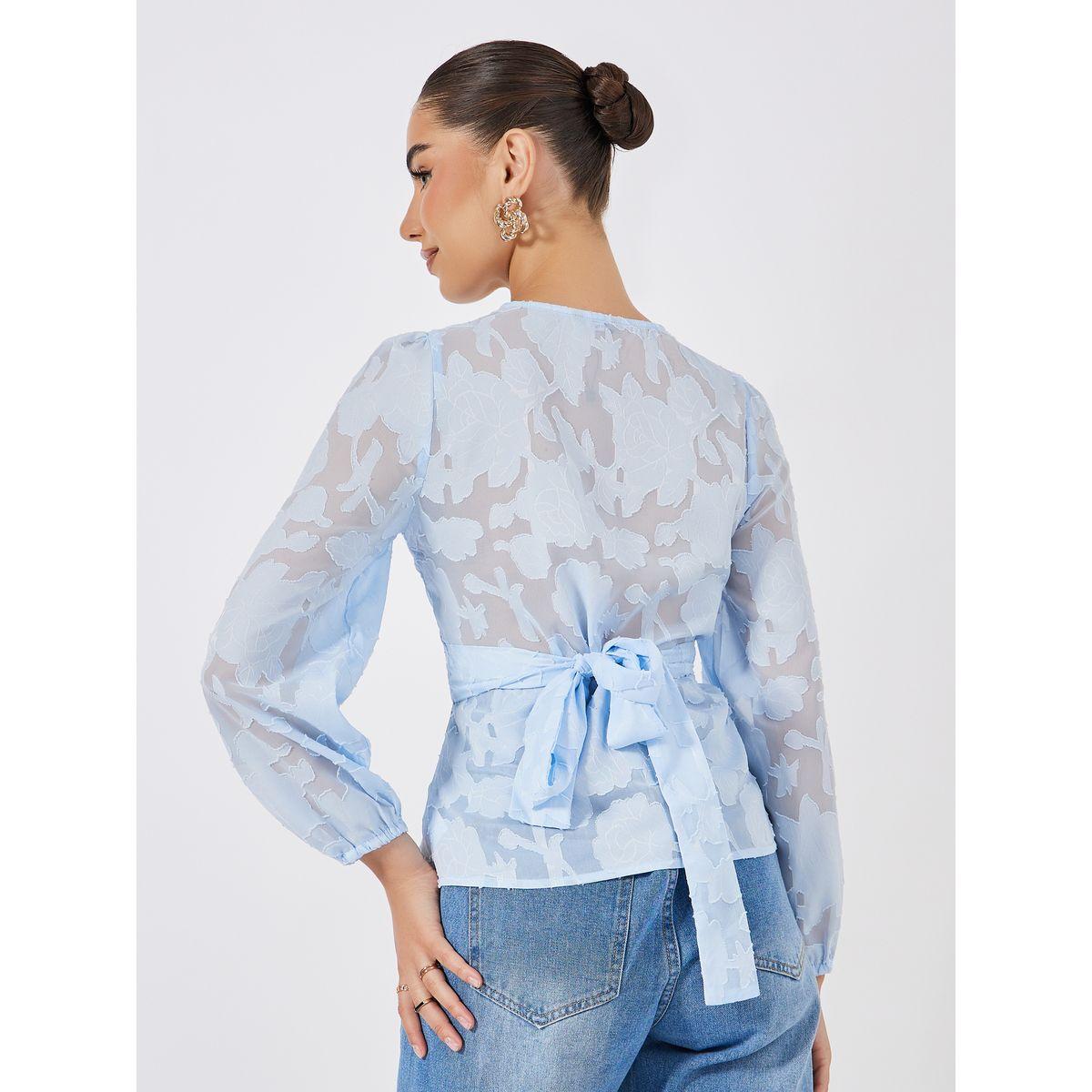Styli Floral Pattern Burnout Wrap Top with Tie Belt-women-clothing-shirtsandblouses-blouses-image-4