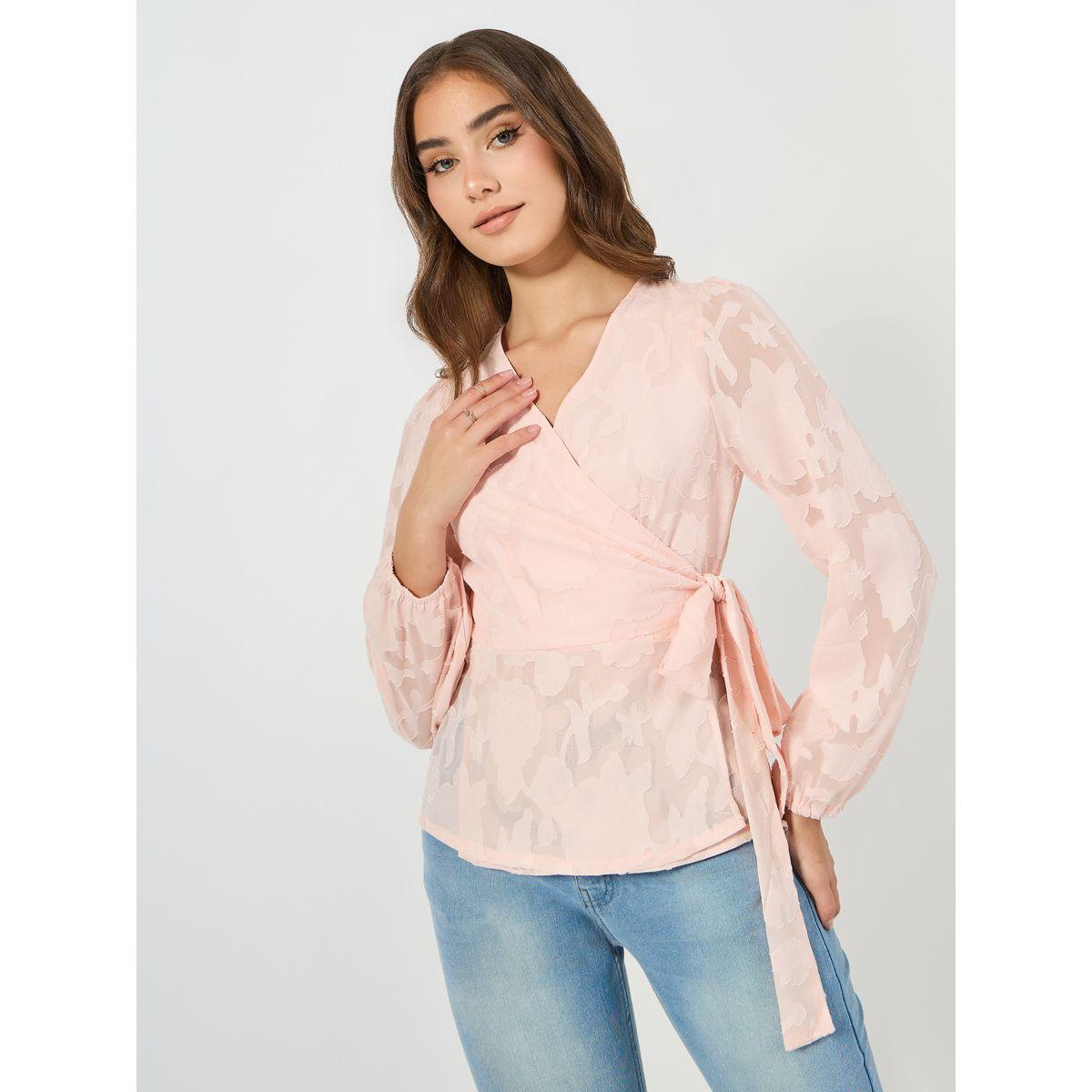 Styli Floral Pattern Burnout Wrap Top with Tie Belt-women-clothing-shirtsandblouses-blouses-image-1