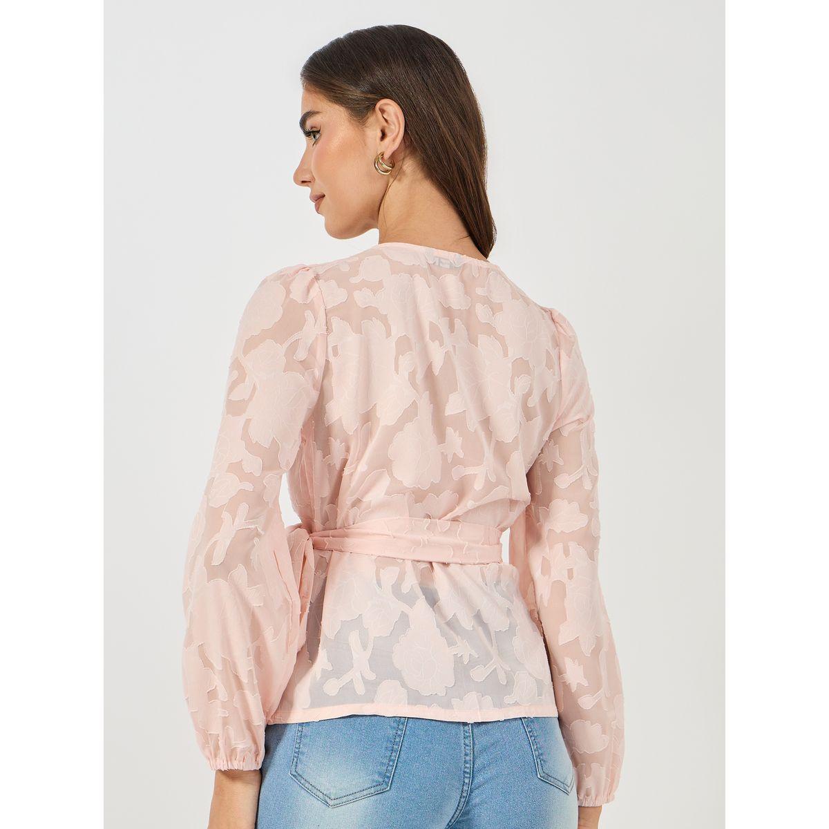 Styli Floral Pattern Burnout Wrap Top with Tie Belt-women-clothing-shirtsandblouses-blouses-image-4
