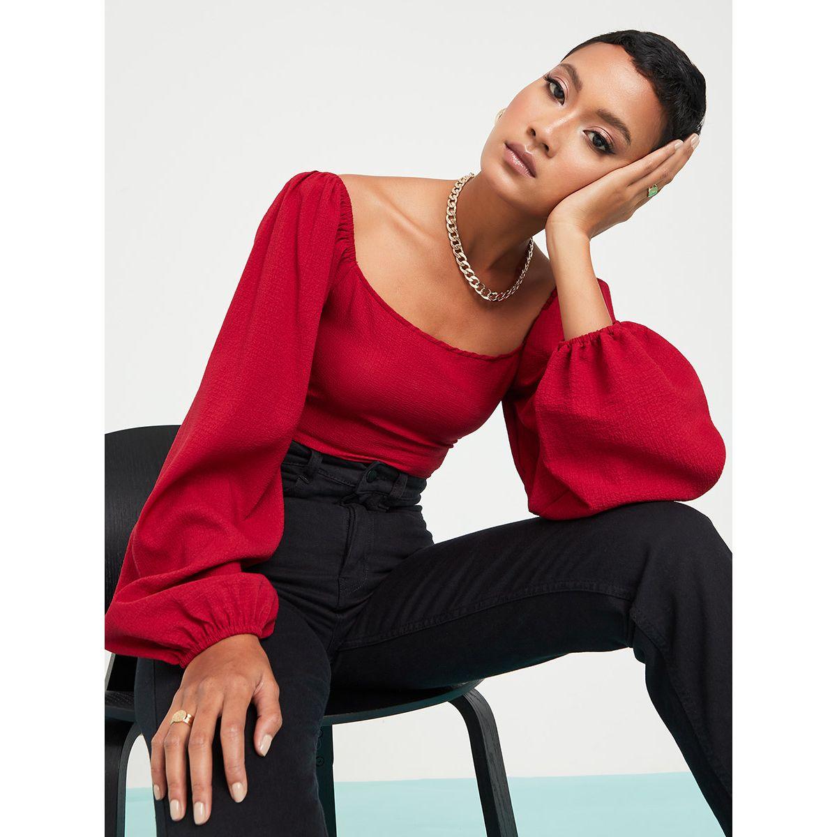 Styli Balloon Sleeves Wide Square Neck Fitted Blouse-women-clothing-shirtsandblouses-blouses-image-1