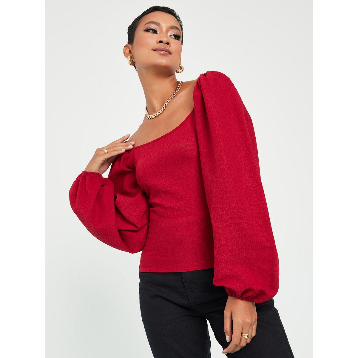 بلوزة بياقة واسعة واكمام بالون من ستايلي-women-clothing-shirtsandblouses-blouses-image-3