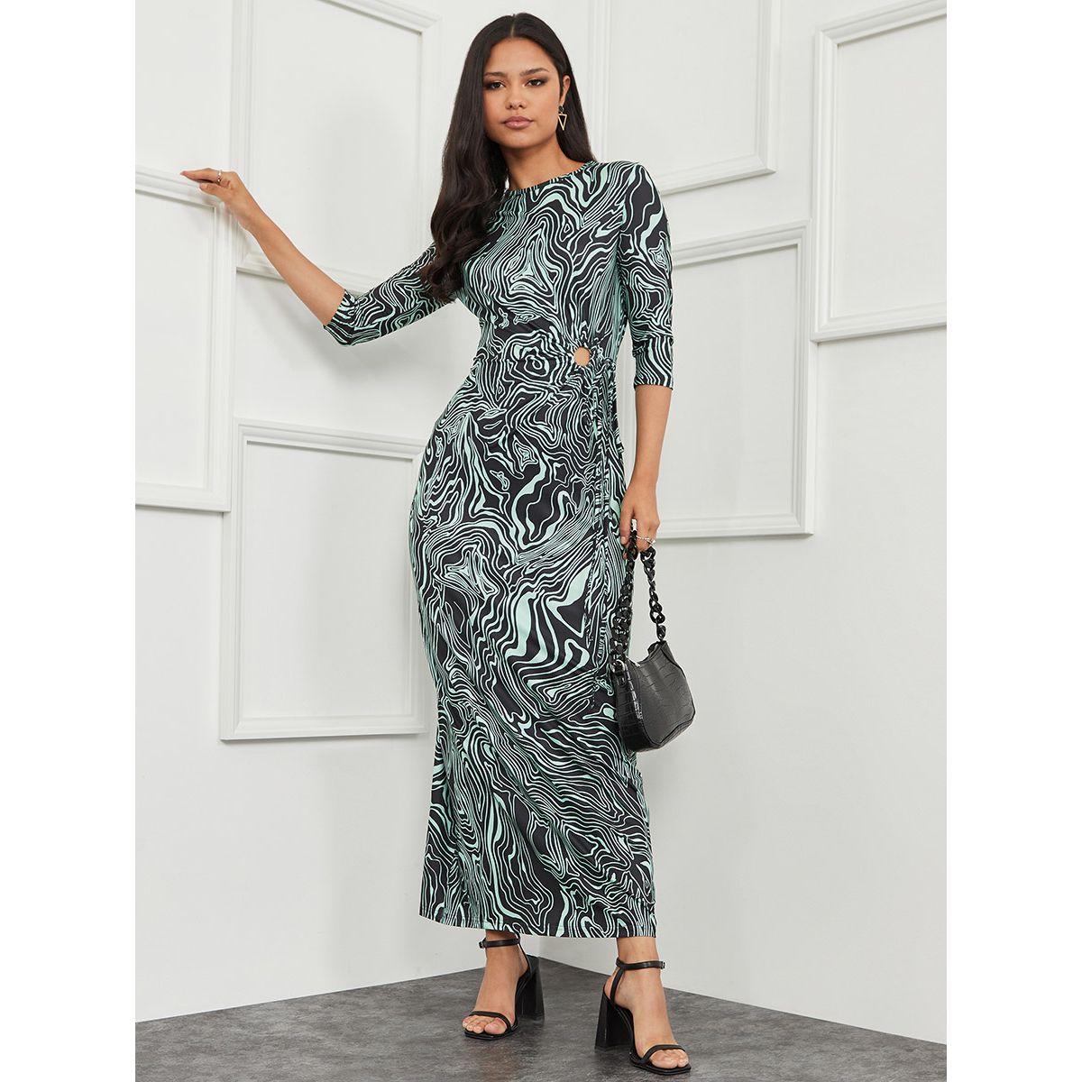 Styli 3/4 Sleeves Marble Print Maxi Dress with Ruched Detail-women-clothing-dresses-image-1