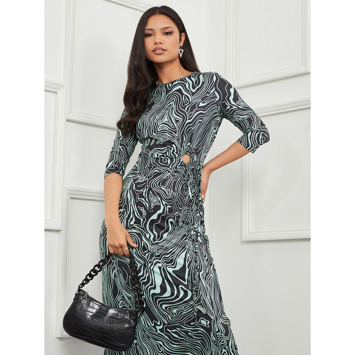 Styli 3/4 Sleeves Marble Print Maxi Dress with Ruched Detail-women-clothing-dresses-image-2